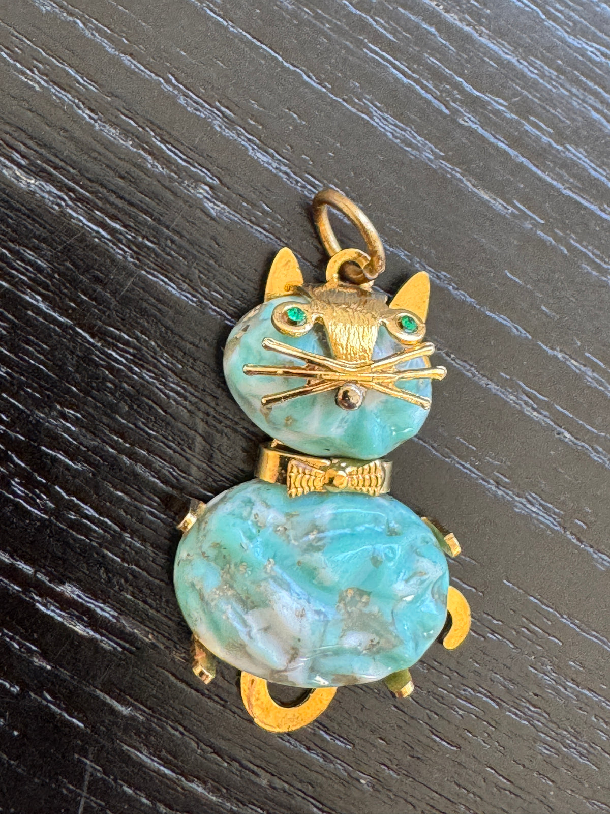Vintage Gold Tone Cat Pendant Charm Turquoise Blue Stone Body Green Rhinestone Eyes and a Dapper Bow Tie