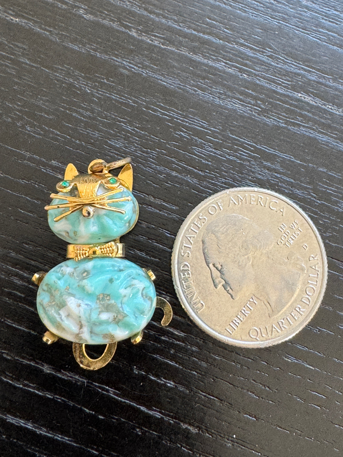Vintage Gold Tone Cat Pendant Charm Turquoise Blue Stone Body Green Rhinestone Eyes and a Dapper Bow Tie