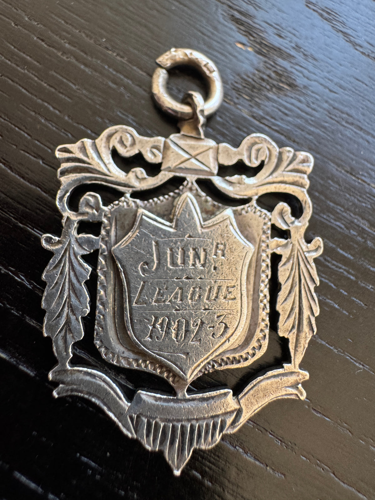 Antique 1902 Birmingham Sterling Silver Fob Medal Pendant Junior League Award Hallmarked Edwardian Shield