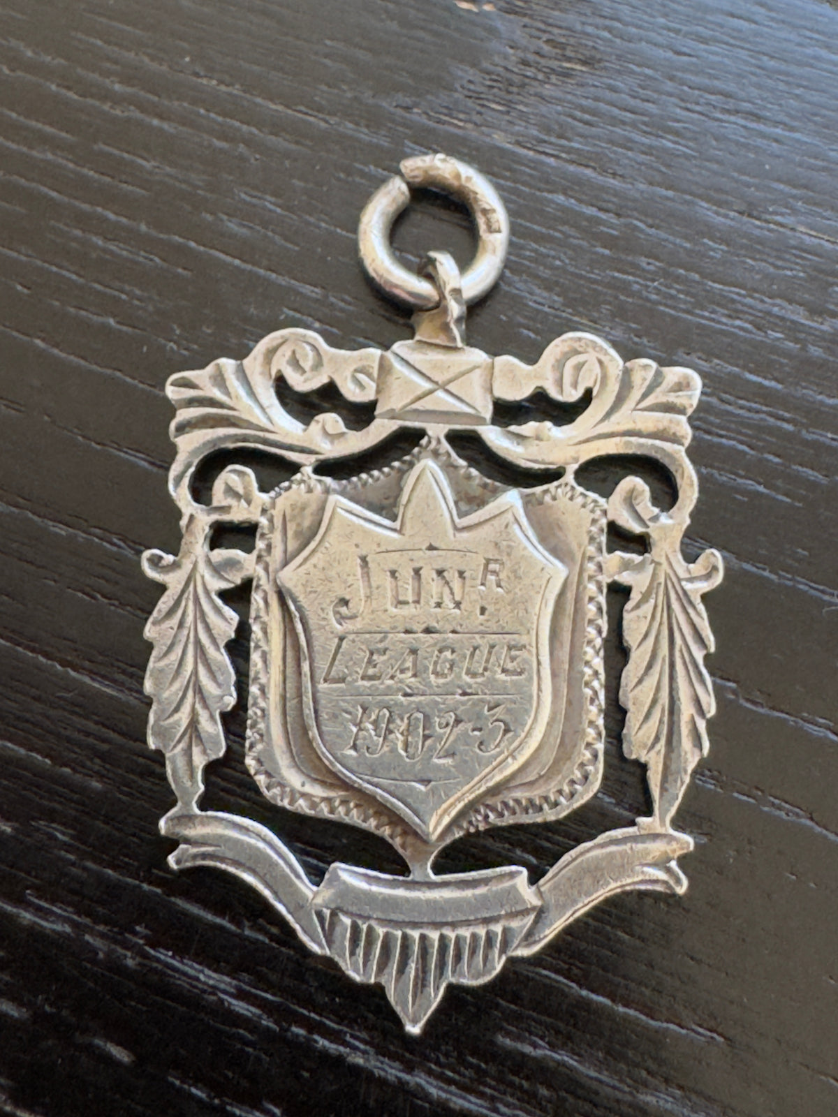 Antique 1902 Birmingham Sterling Silver Fob Medal Pendant Junior League Award Hallmarked Edwardian Shield