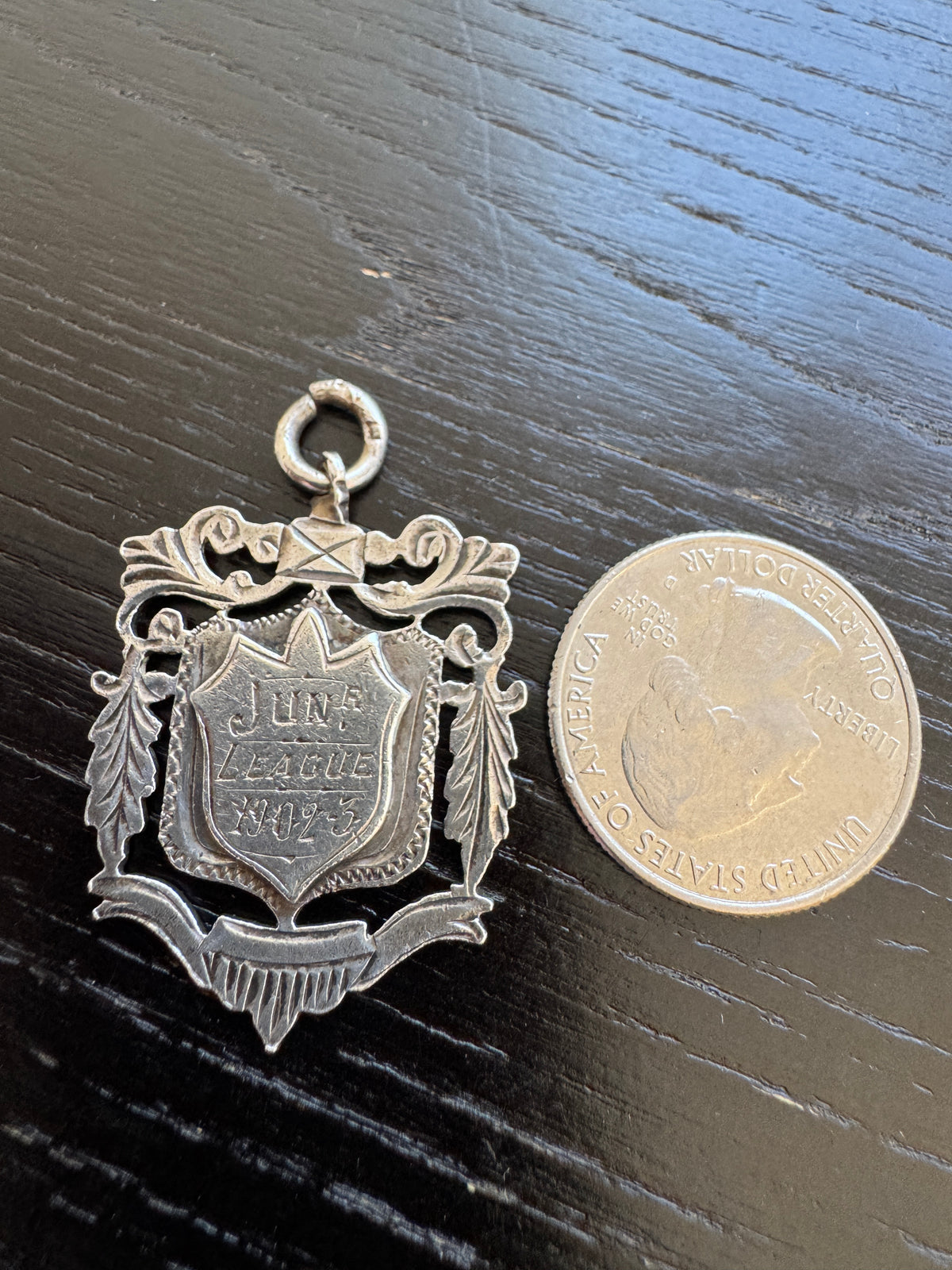 Antique 1902 Birmingham Sterling Silver Fob Medal Pendant Junior League Award Hallmarked Edwardian Shield