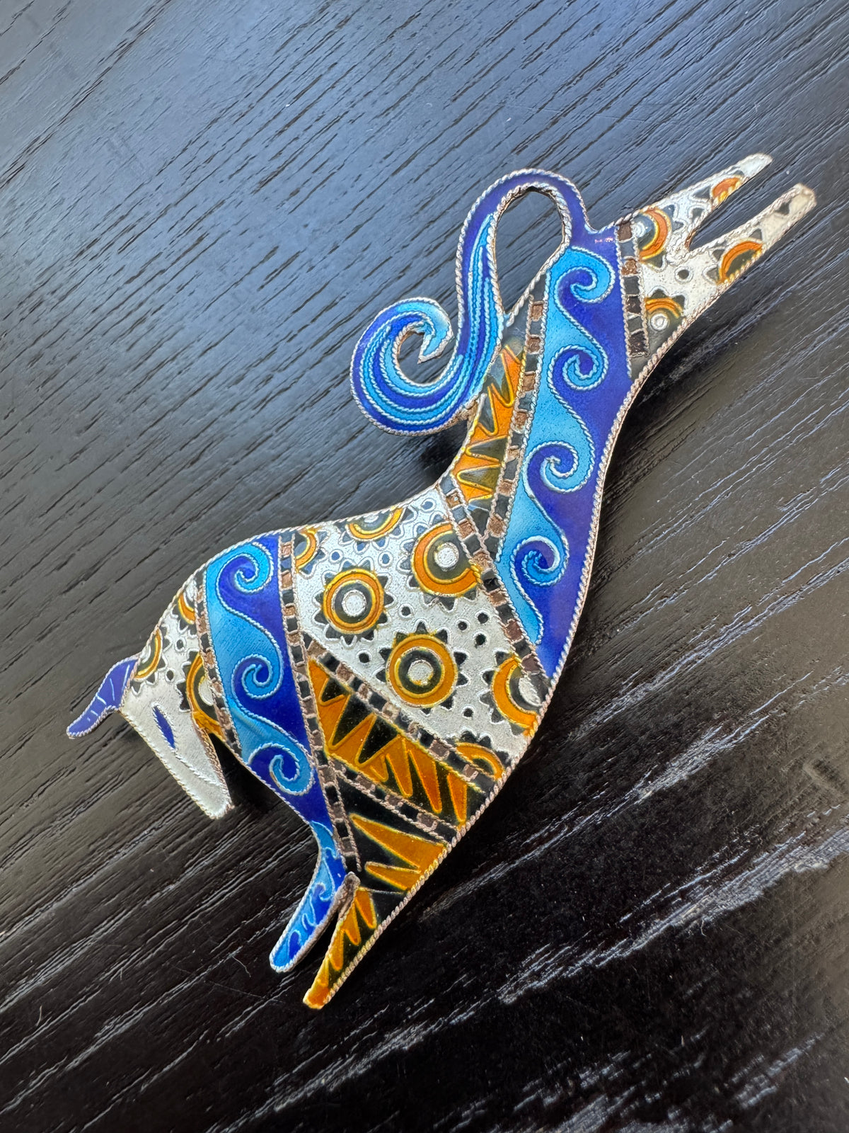 Vintage Cloisonne Enamel Sterling Silver Bull Brooch Blue Waves and Orange Suns Folk Art Statement Pin