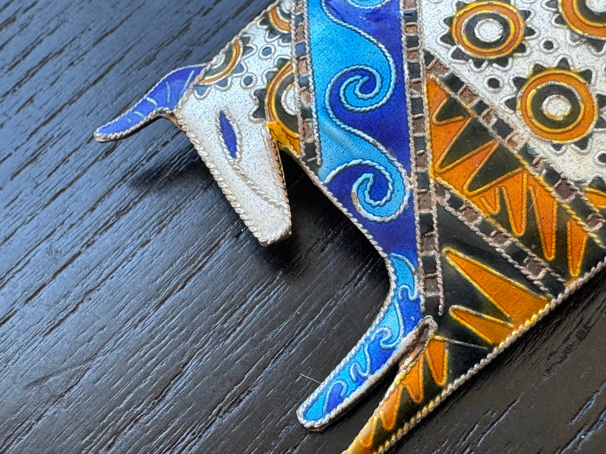 Vintage Cloisonne Enamel Sterling Silver Bull Brooch Blue Waves and Orange Suns Folk Art Statement Pin