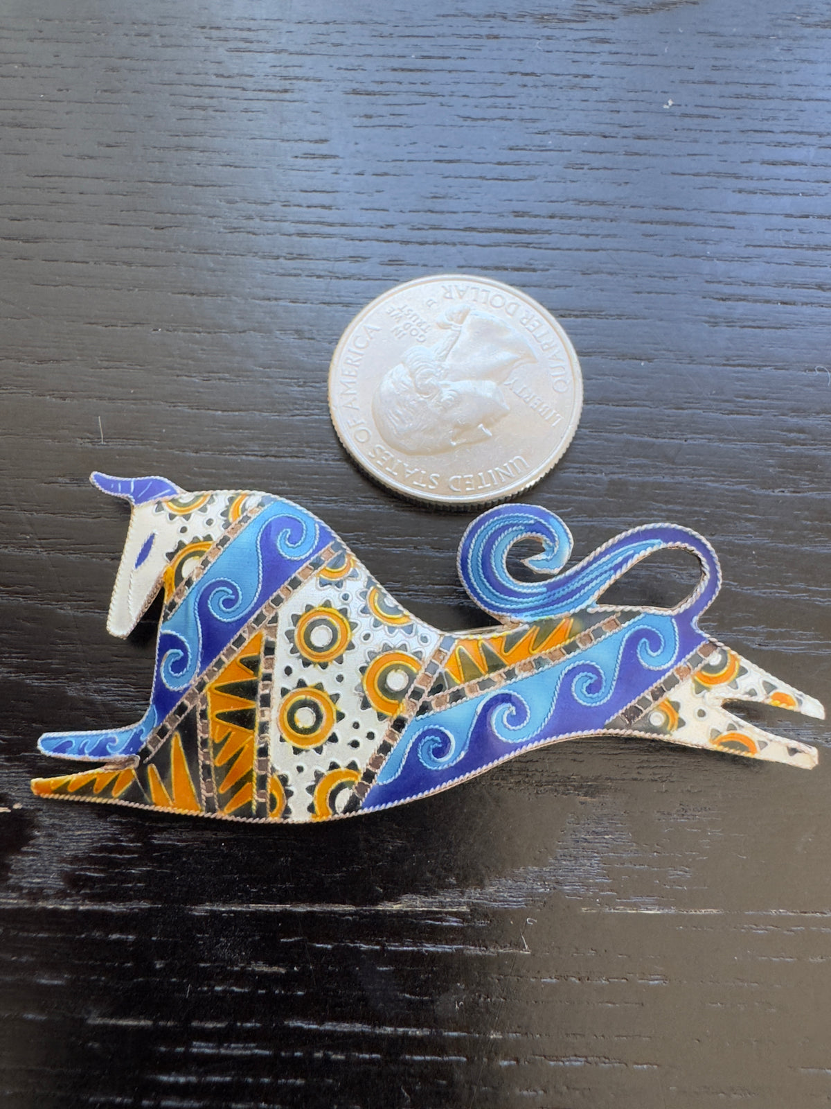 Vintage Cloisonne Enamel Sterling Silver Bull Brooch Blue Waves and Orange Suns Folk Art Statement Pin