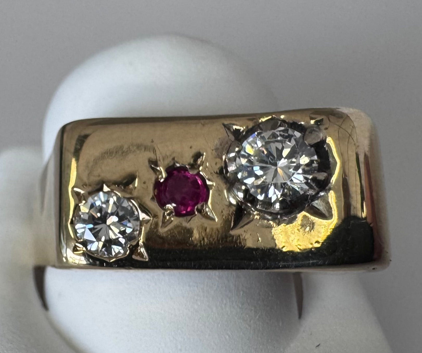 Large and Funky Mid-Century Estate 14K Gold Modernist Ruby and Diamond Ring