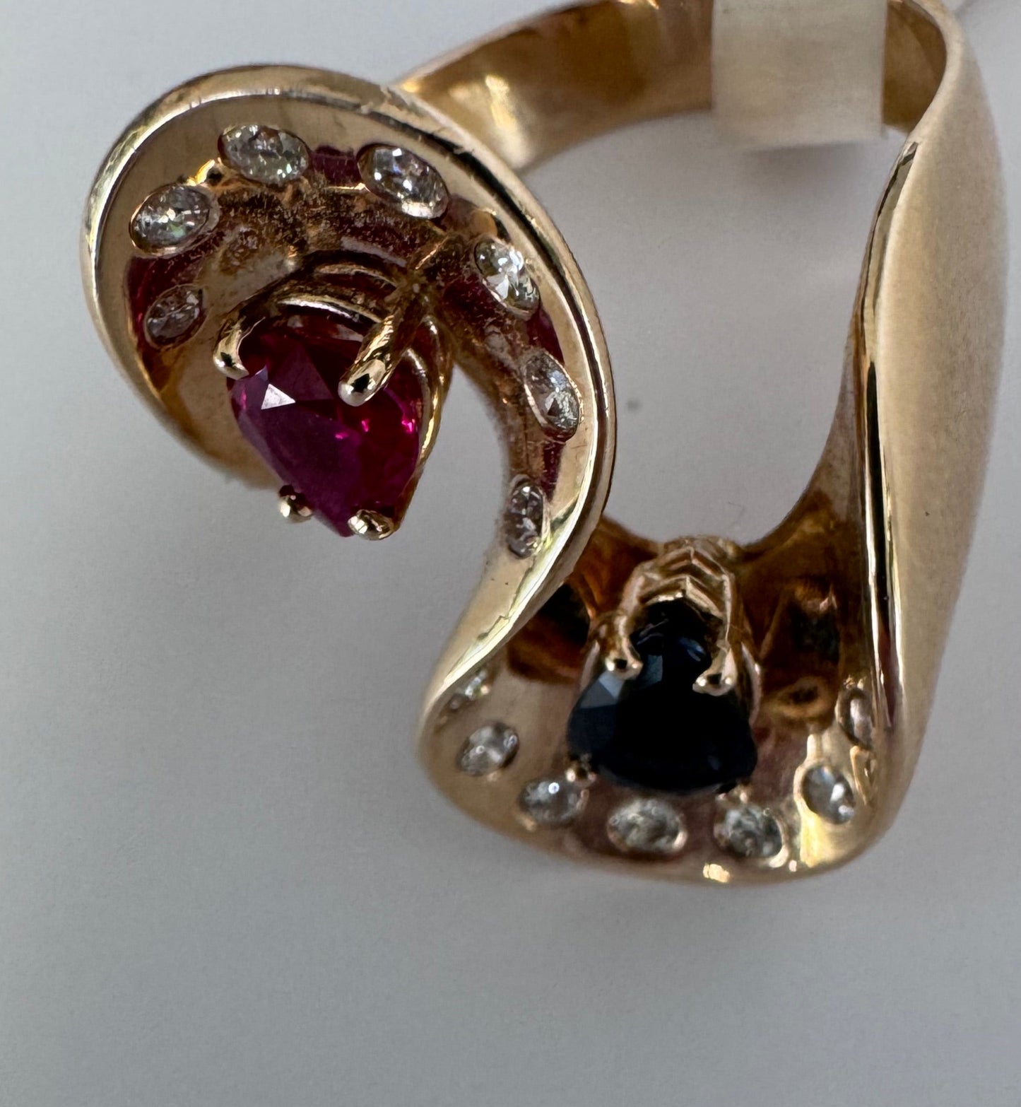 Estate 1970s Space Age 14K Gold Ruby Sapphire Diamond Sculptural Ring