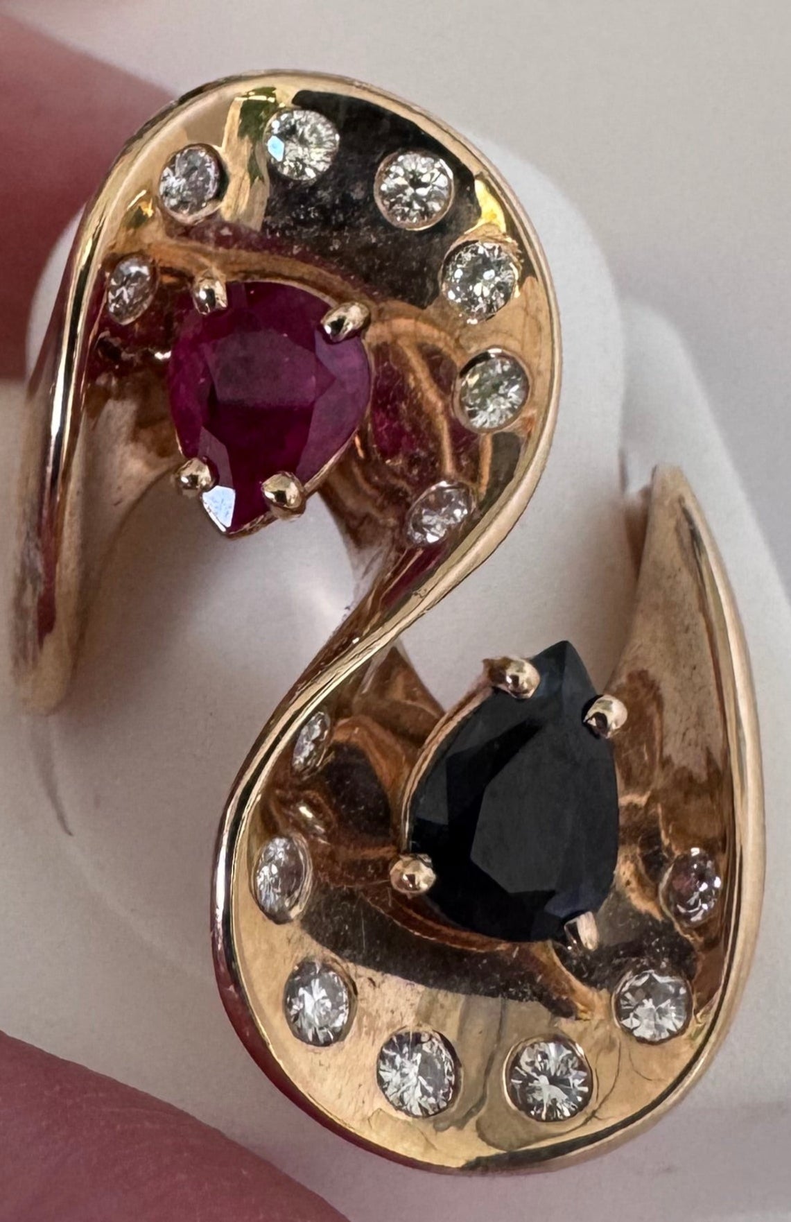Estate 1970s Space Age 14K Gold Ruby Sapphire Diamond Sculptural Ring