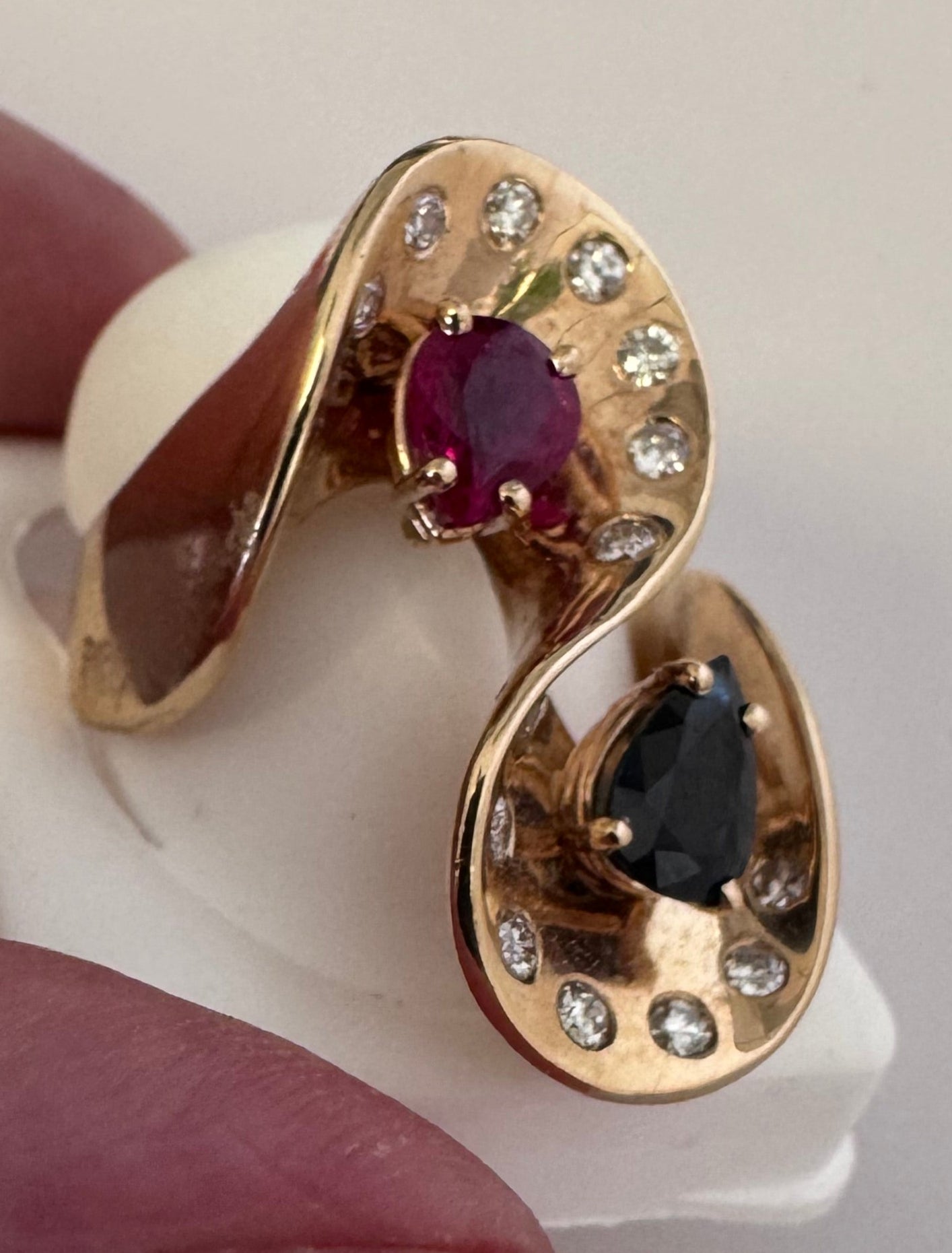 Estate 1970s Space Age 14K Gold Ruby Sapphire Diamond Sculptural Ring