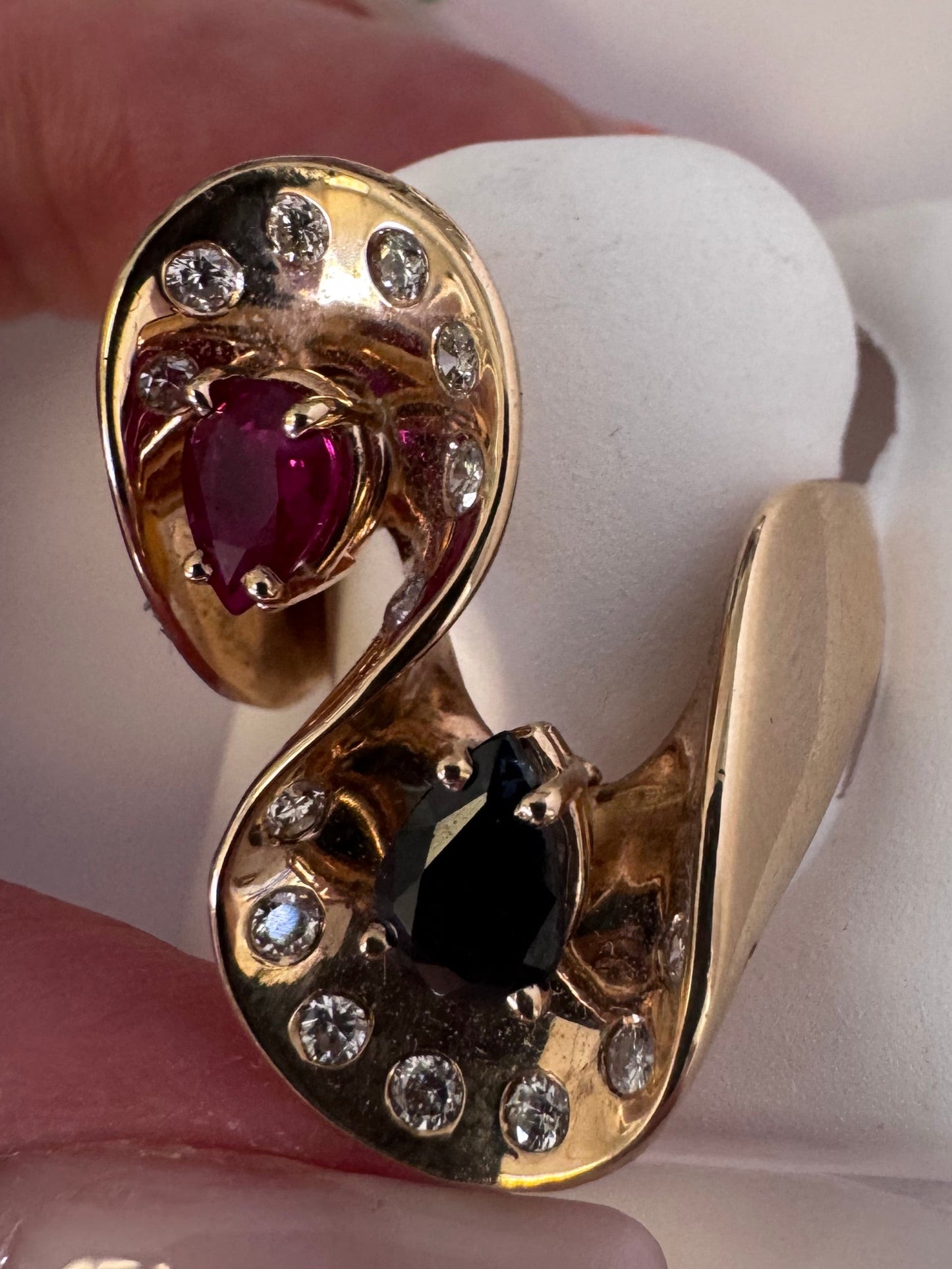 Estate 1970s Space Age 14K Gold Ruby Sapphire Diamond Sculptural Ring