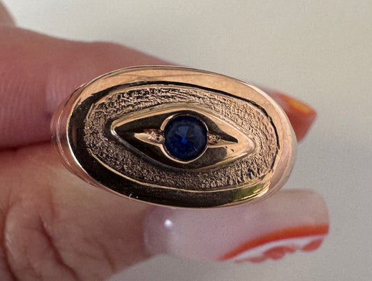 Estate 14K Gold Vintage Evil Eye Ring Blue Sapphire