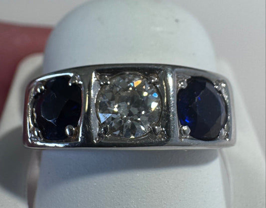 Estate 18K White Gold Art Deco Diamond Sapphire Ring Size