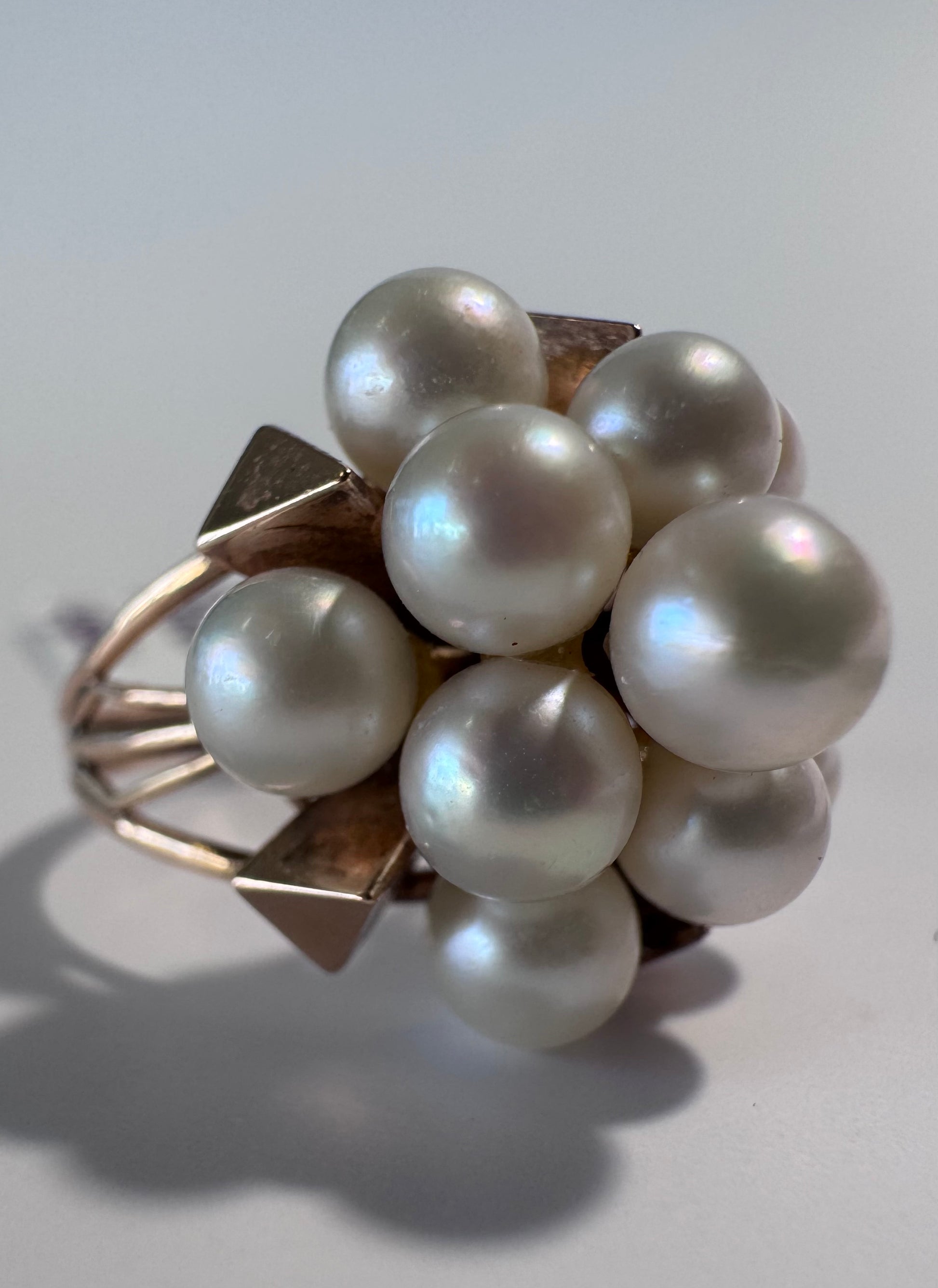 Estate 14K yellow gold pearl cluster cocktail ring size 6.25 mid-century design