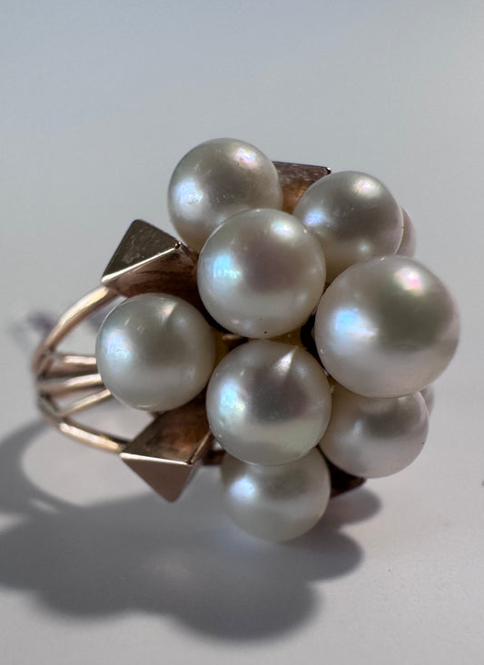 Estate 14K yellow gold pearl cluster cocktail ring size 6.25 mid-century design