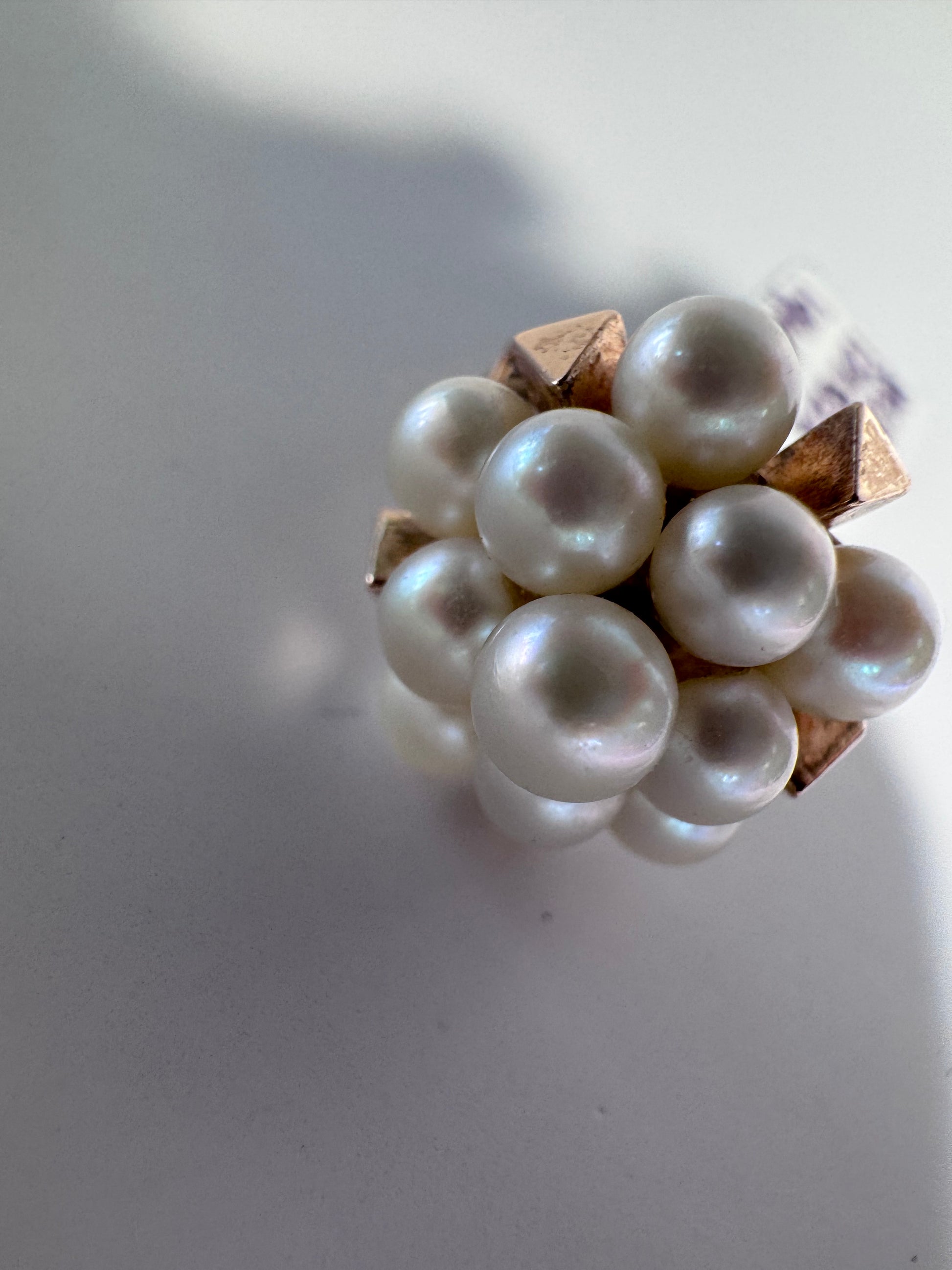 Estate 14K yellow gold pearl cluster cocktail ring size 6.25 mid-century design