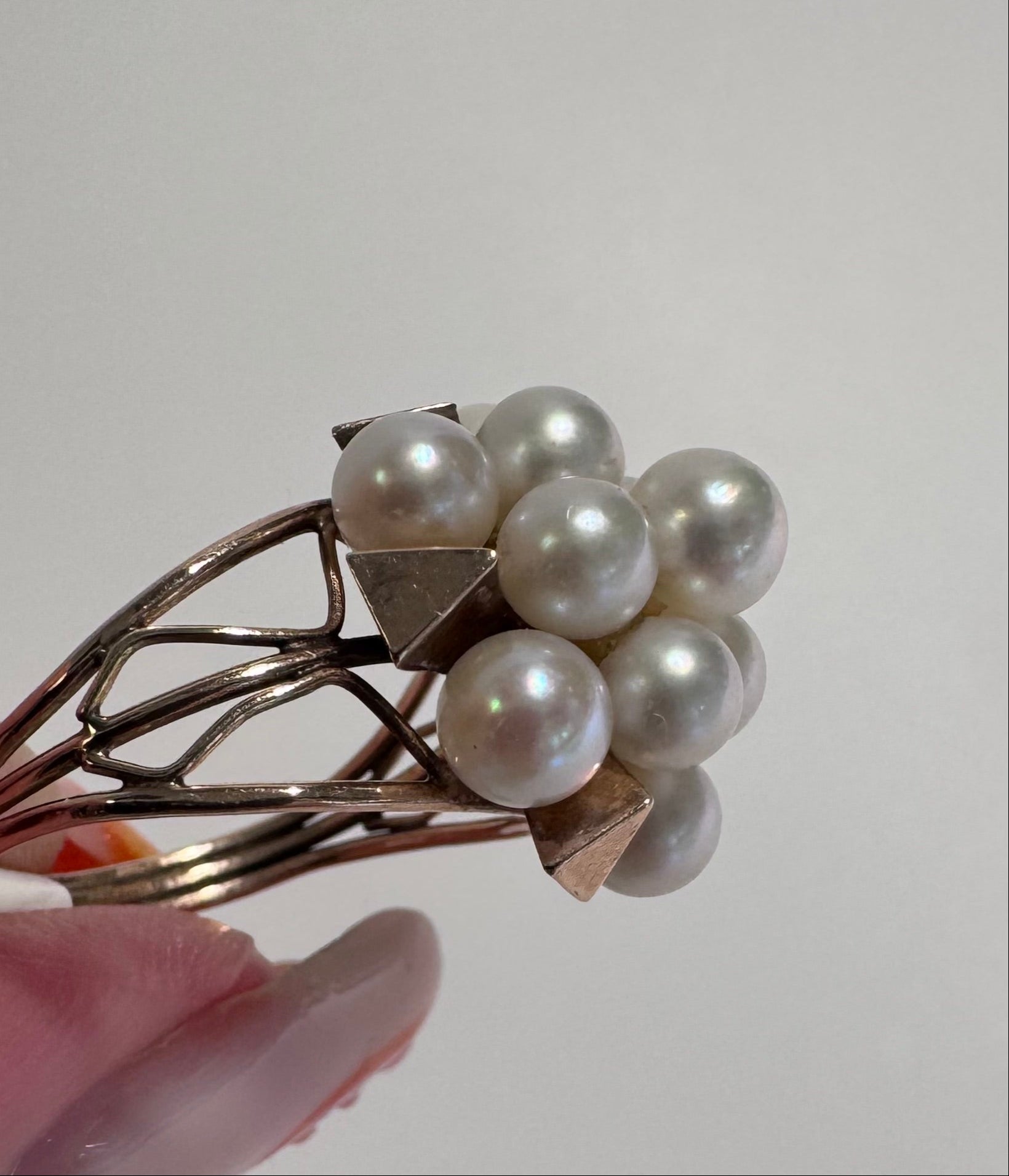 Estate 14K yellow gold pearl cluster cocktail ring size 6.25 mid-century design