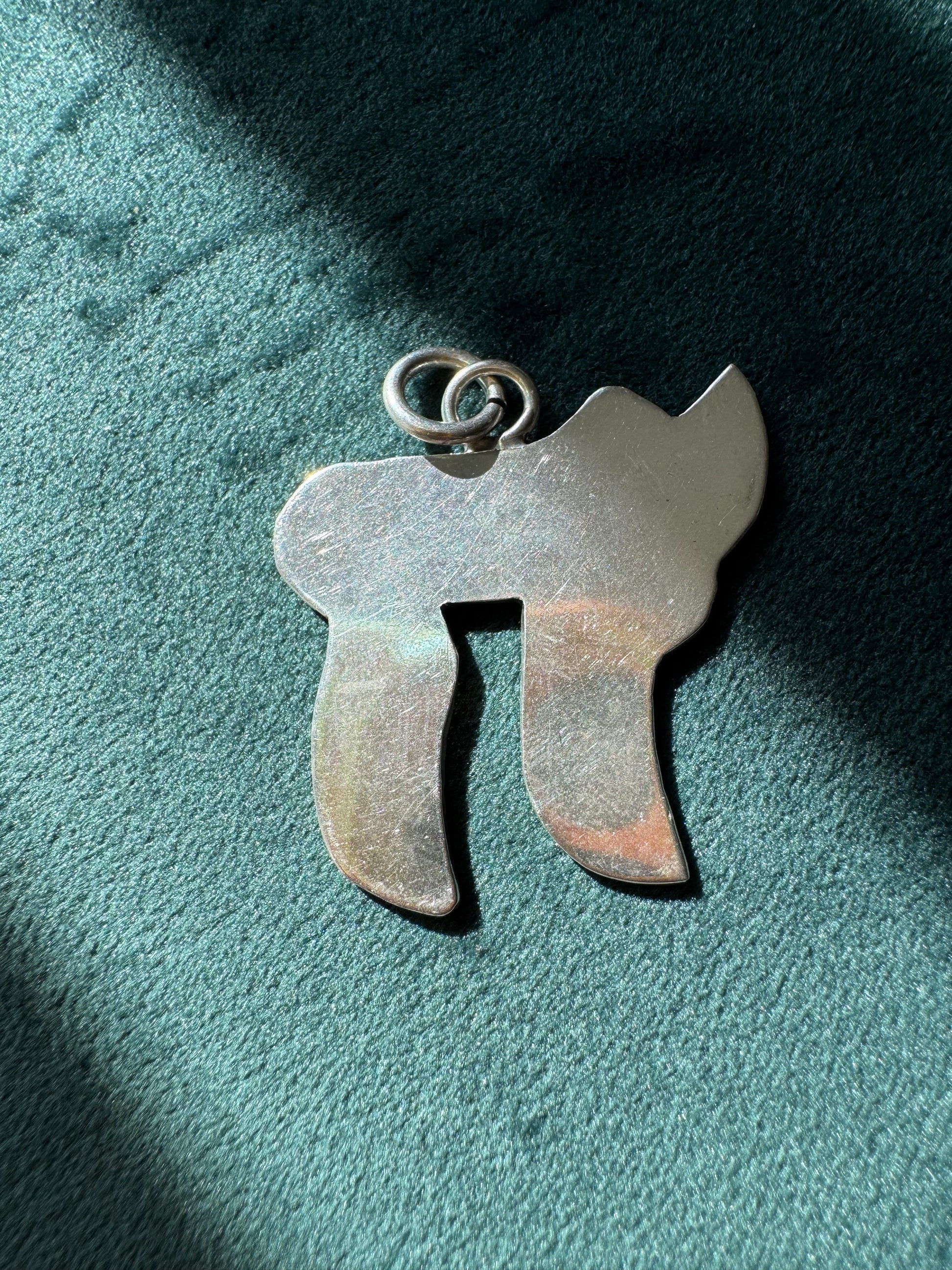 Estate vintage sterling silver Chai pendant with turquoise mosaic inlay, Hebrew life symbol, 1.5 inches, southwestern style Judaica jewelry