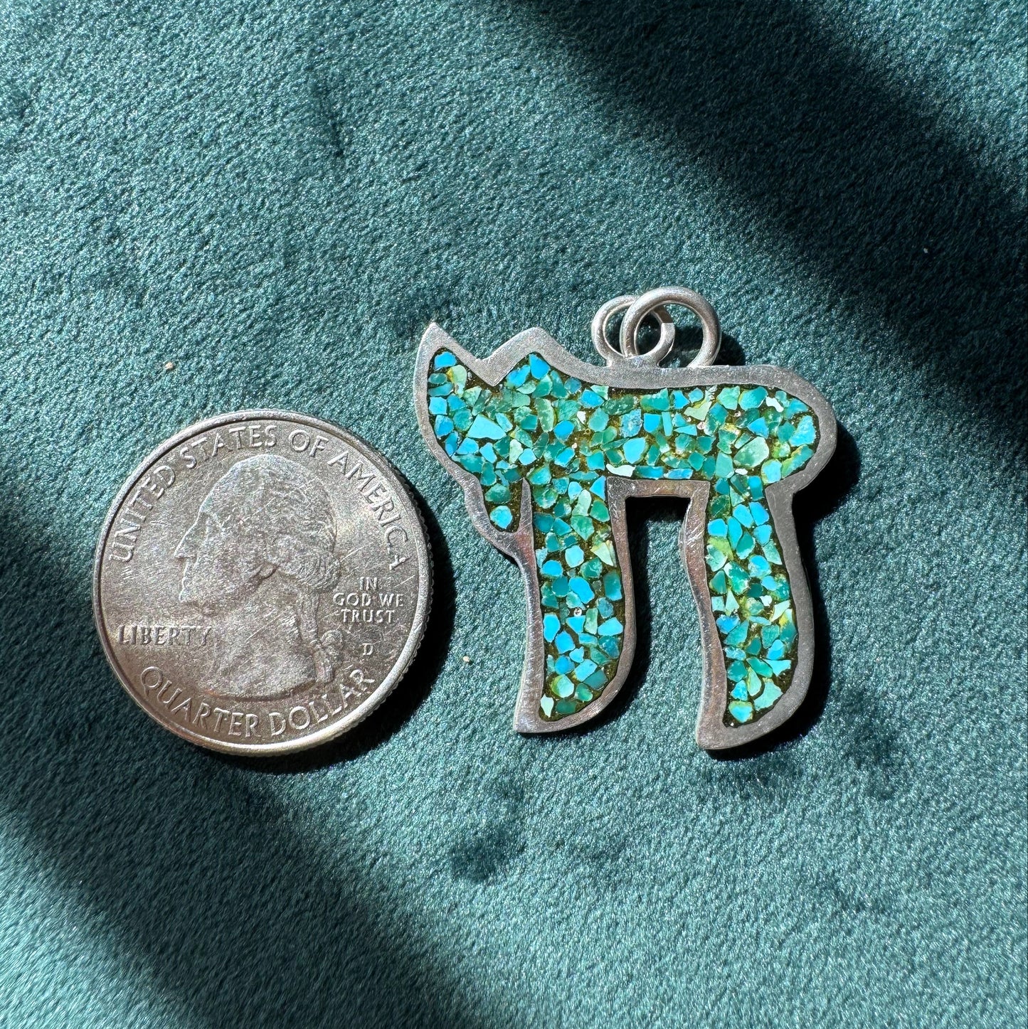 Estate vintage sterling silver Chai pendant with turquoise mosaic inlay, Hebrew life symbol, 1.5 inches, southwestern style Judaica jewelry