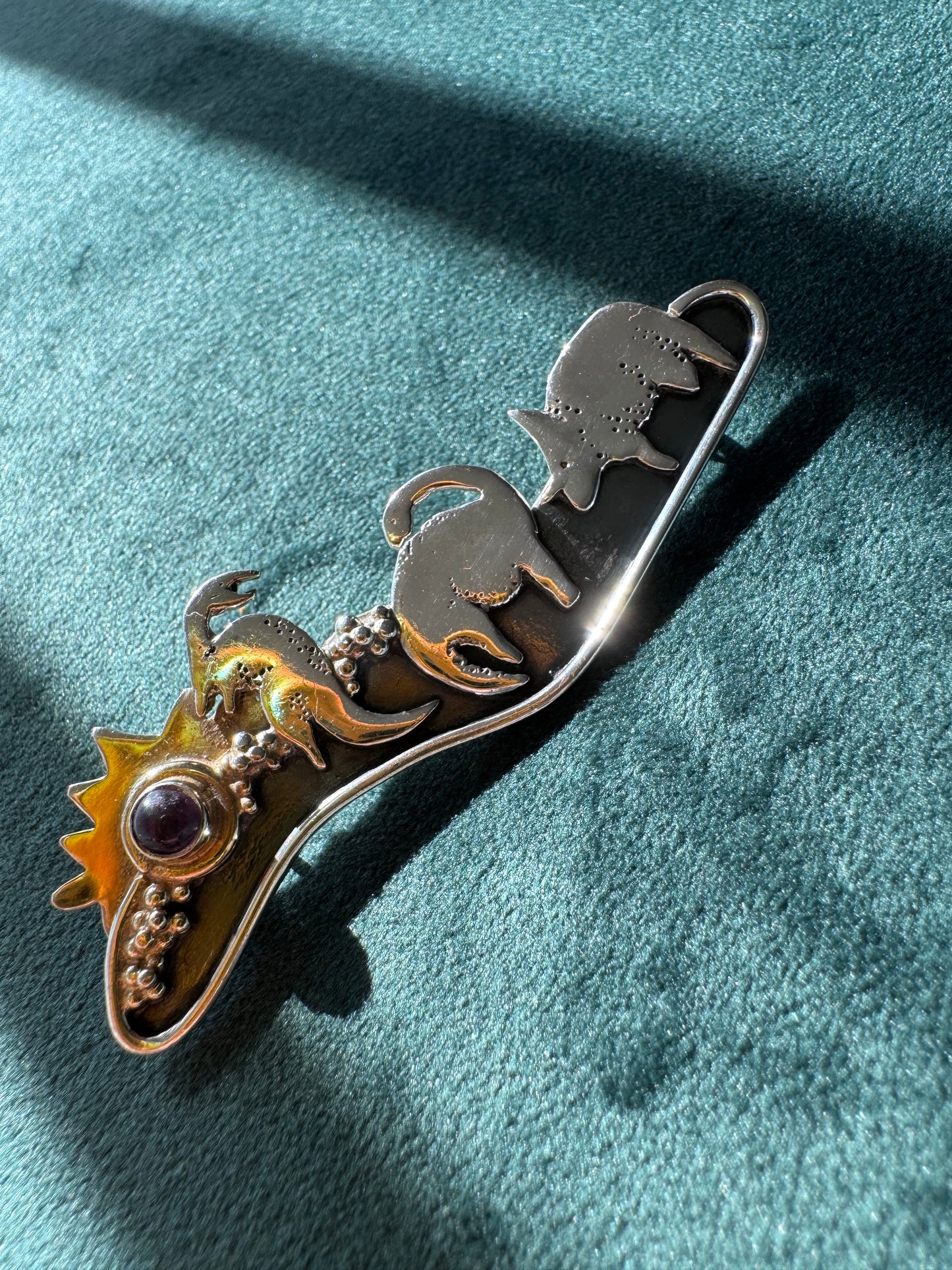 Vintage Sterling Silver T-Rex Brontosaurus Triceratops Dinosaur Scene Brooch 14K Gold Amethyst Meteor