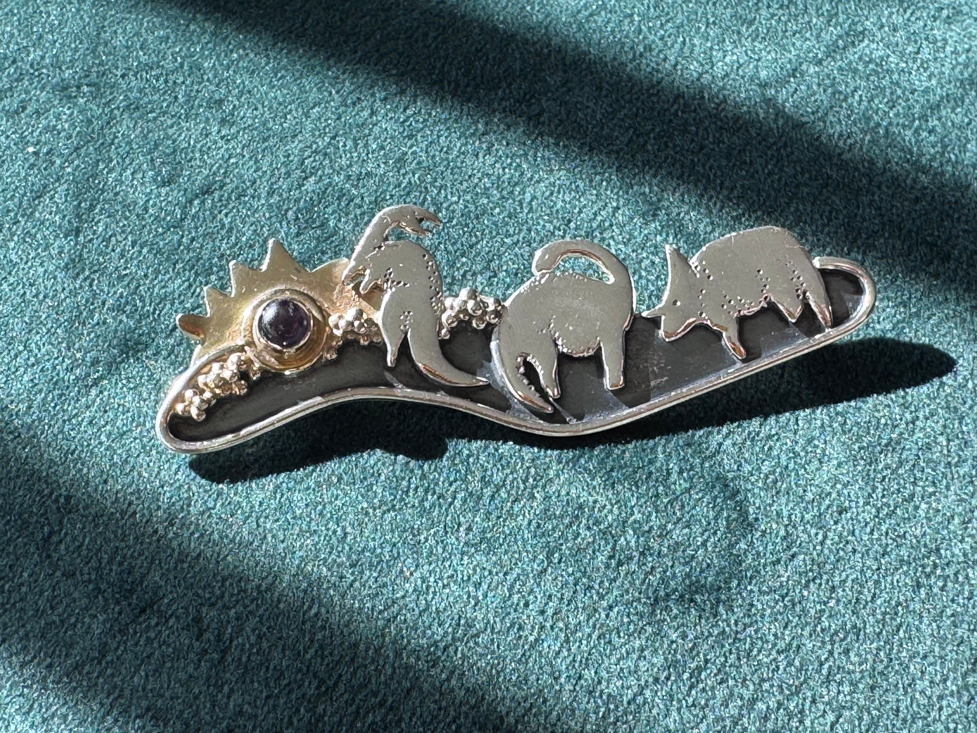 Estate vintage sterling silver dinosaur scene brooch with 14K gold sun and amethyst meteor, handmade artisan mixed metal pin, whimsical extinction event jewelry