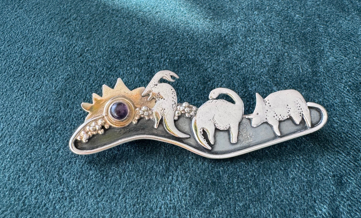 Estate vintage sterling silver dinosaur scene brooch with 14K gold sun and amethyst meteor, handmade artisan mixed metal pin, whimsical extinction event jewelry