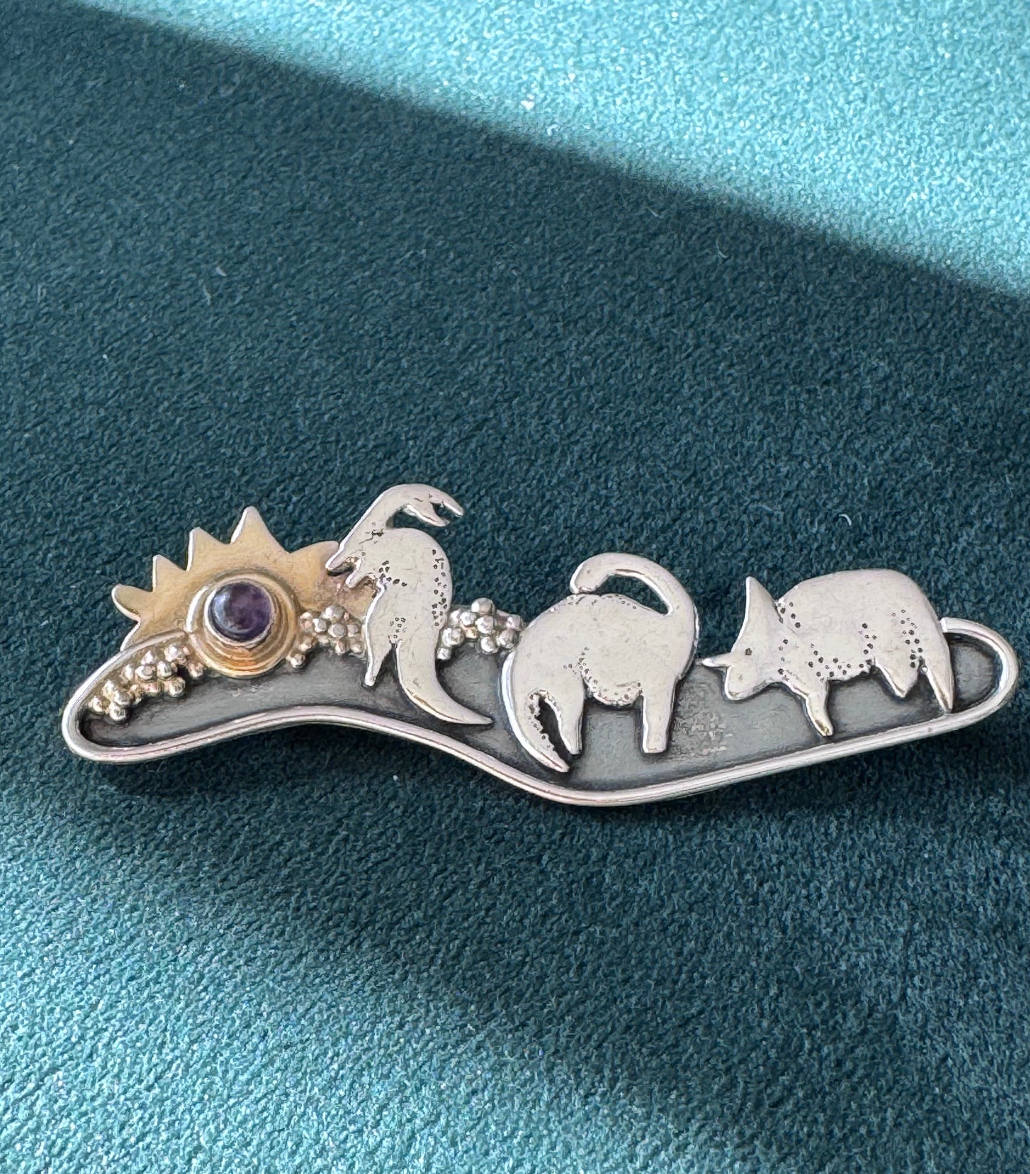 Estate vintage sterling silver dinosaur scene brooch with 14K gold sun and amethyst meteor, handmade artisan mixed metal pin, whimsical extinction event jewelry