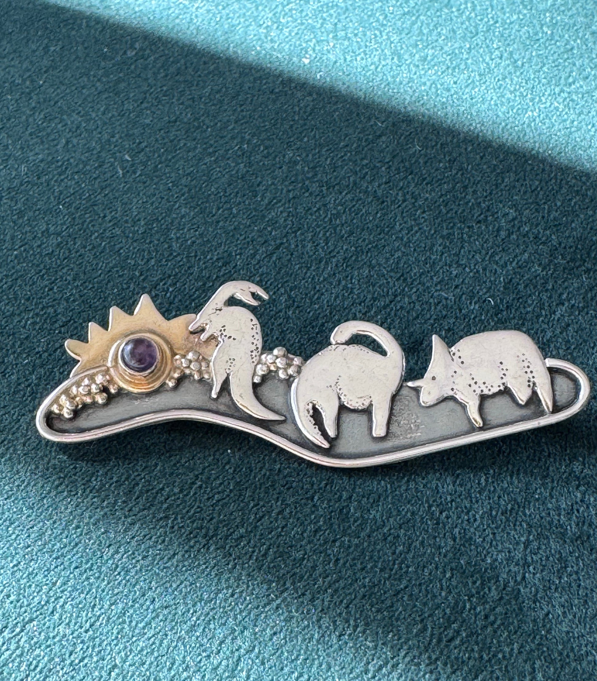 Estate vintage sterling silver dinosaur scene brooch with 14K gold sun and amethyst meteor, handmade artisan mixed metal pin, whimsical extinction event jewelry