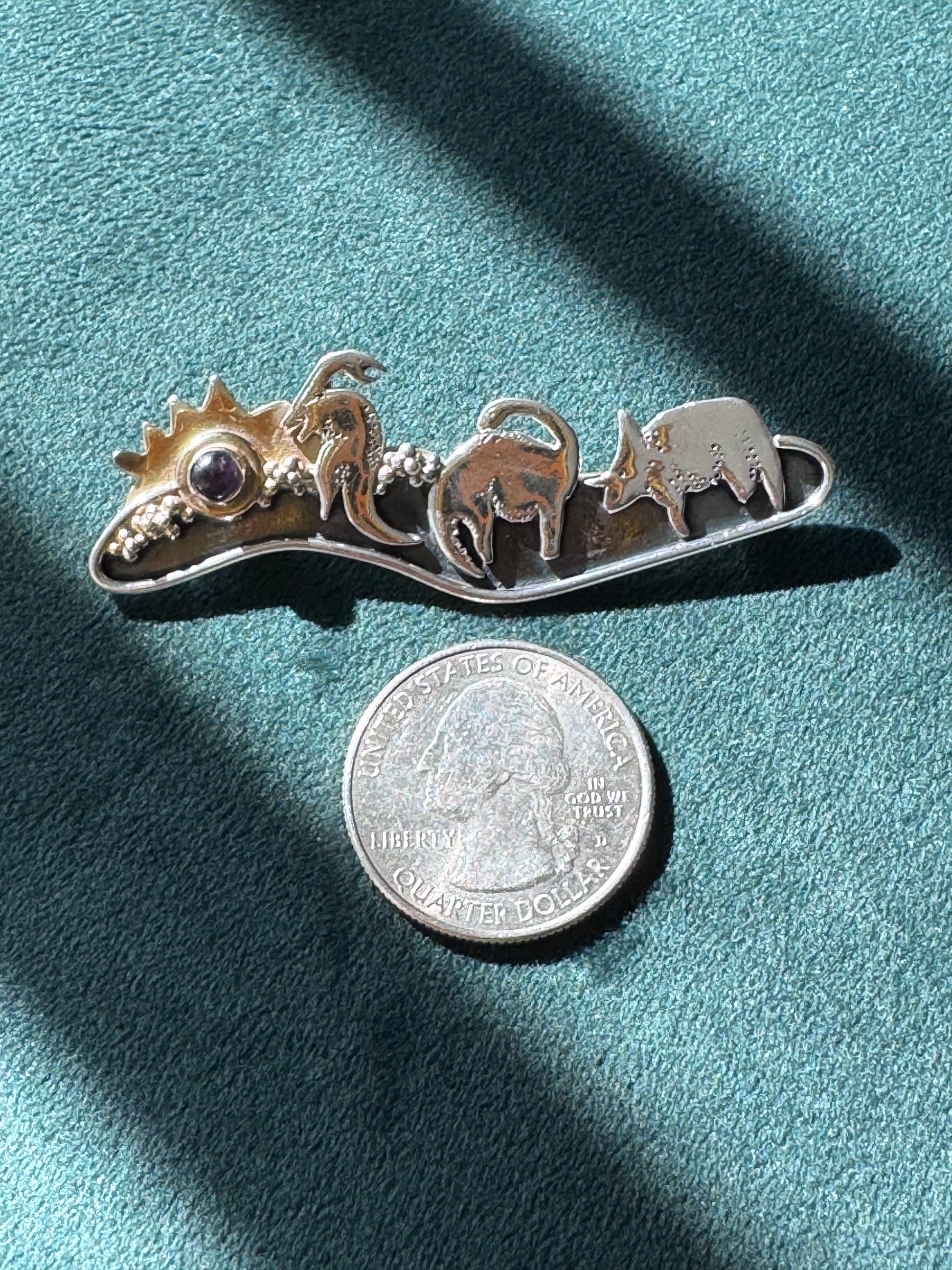 Estate vintage sterling silver dinosaur scene brooch with 14K gold sun and amethyst meteor, handmade artisan mixed metal pin, whimsical extinction event jewelry
