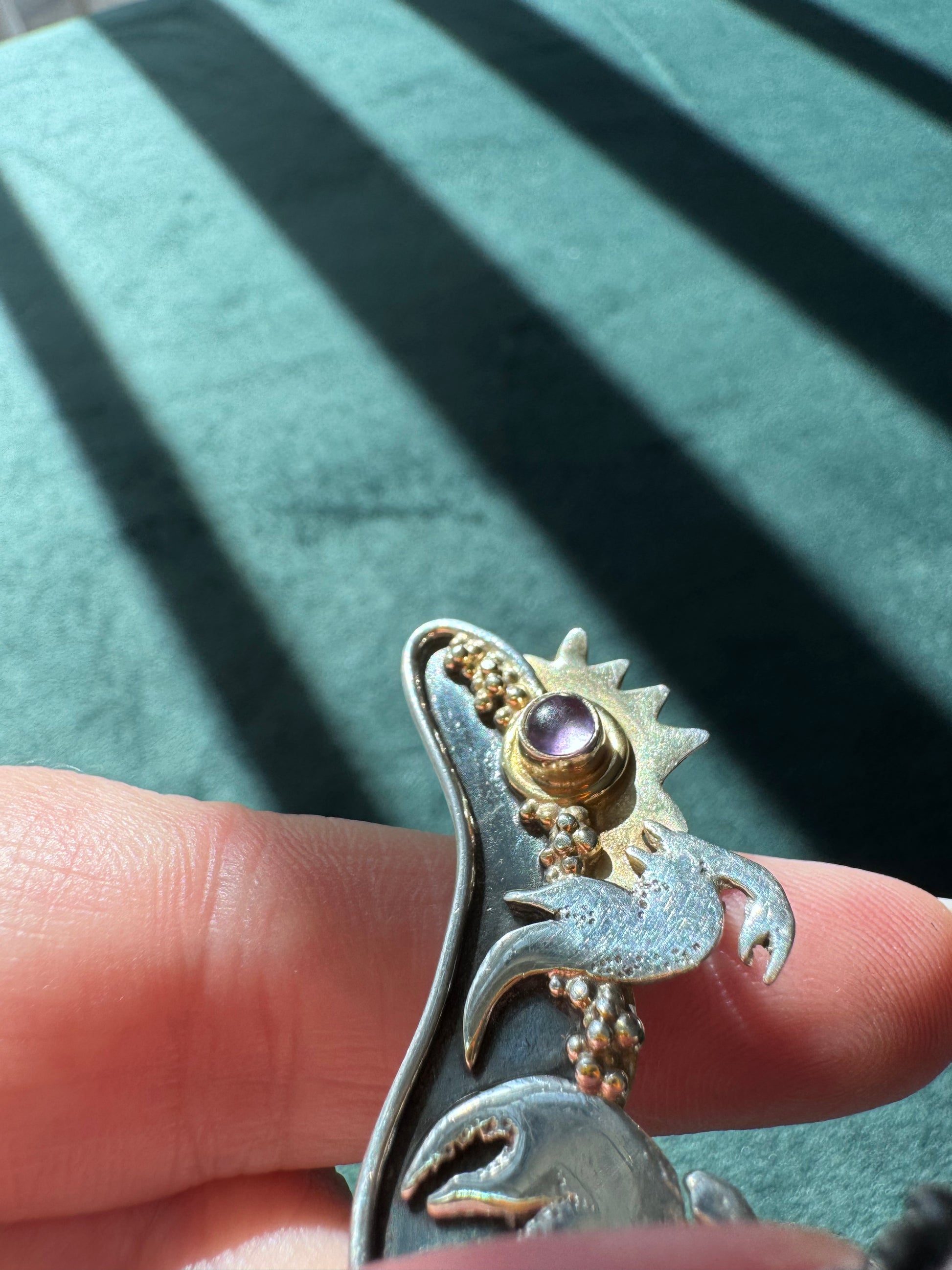 Estate vintage sterling silver dinosaur scene brooch with 14K gold sun and amethyst meteor, handmade artisan mixed metal pin, whimsical extinction event jewelry