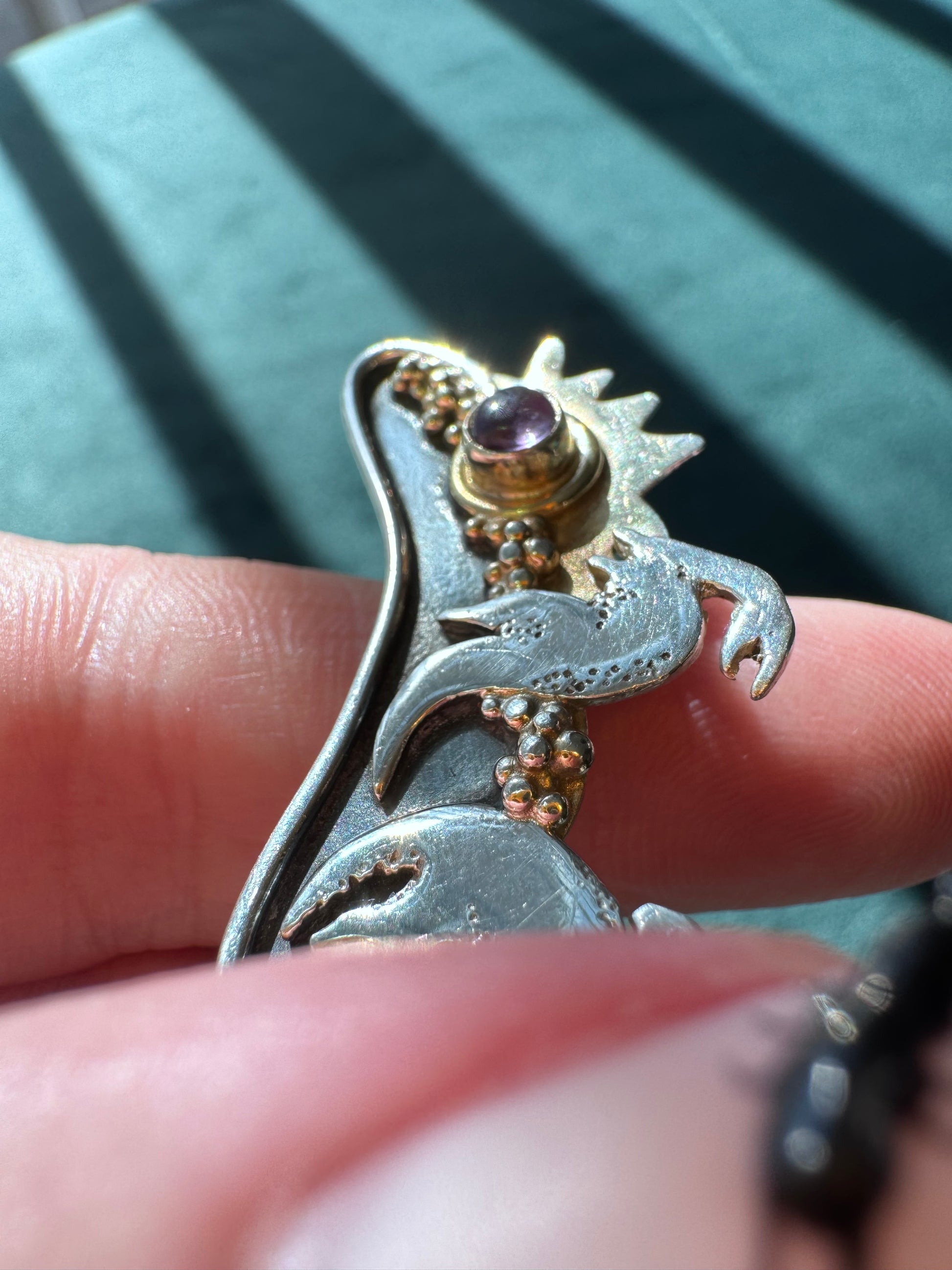 Estate vintage sterling silver dinosaur scene brooch with 14K gold sun and amethyst meteor, handmade artisan mixed metal pin, whimsical extinction event jewelry