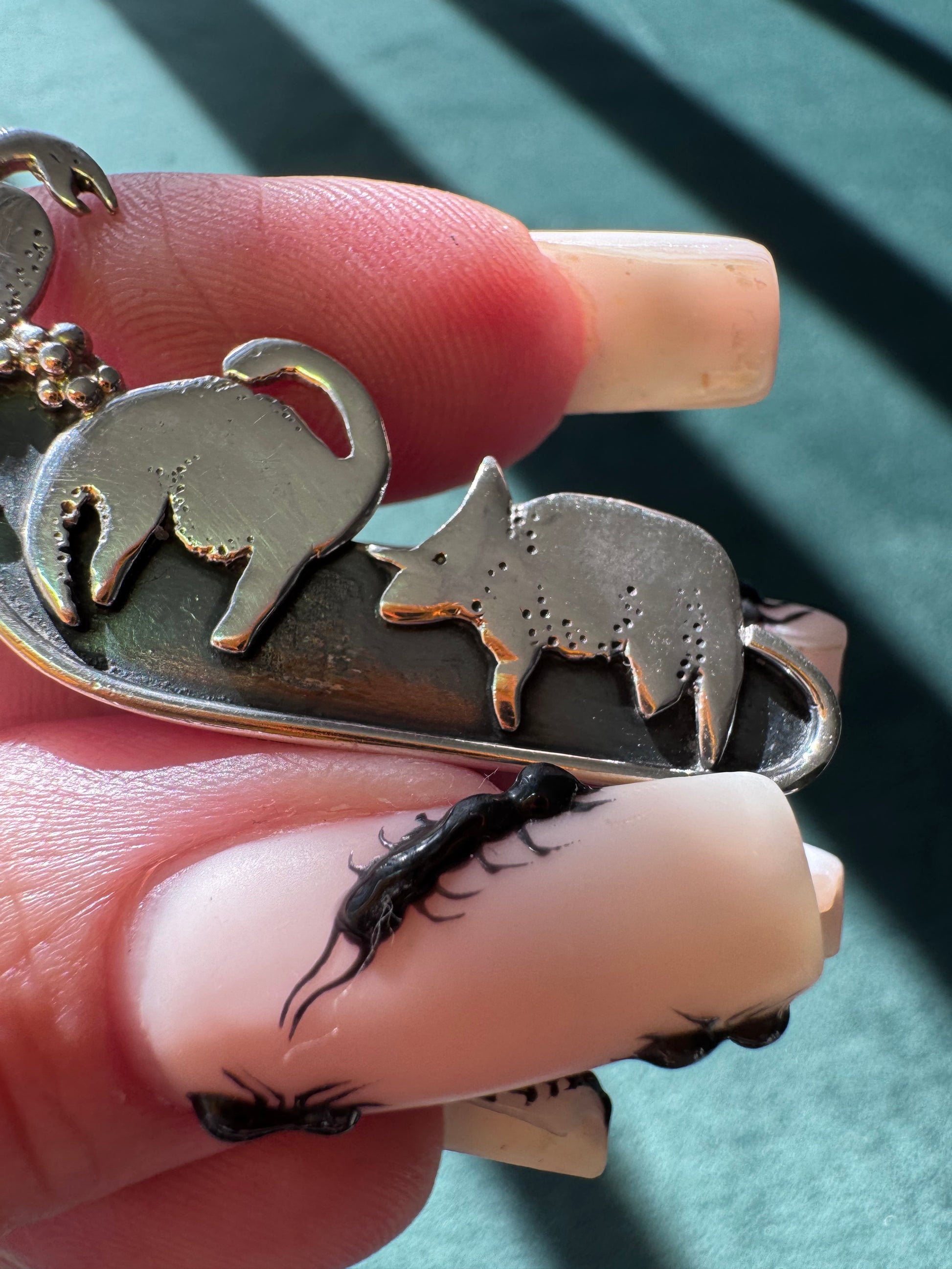 Estate vintage sterling silver dinosaur scene brooch with 14K gold sun and amethyst meteor, handmade artisan mixed metal pin, whimsical extinction event jewelry
