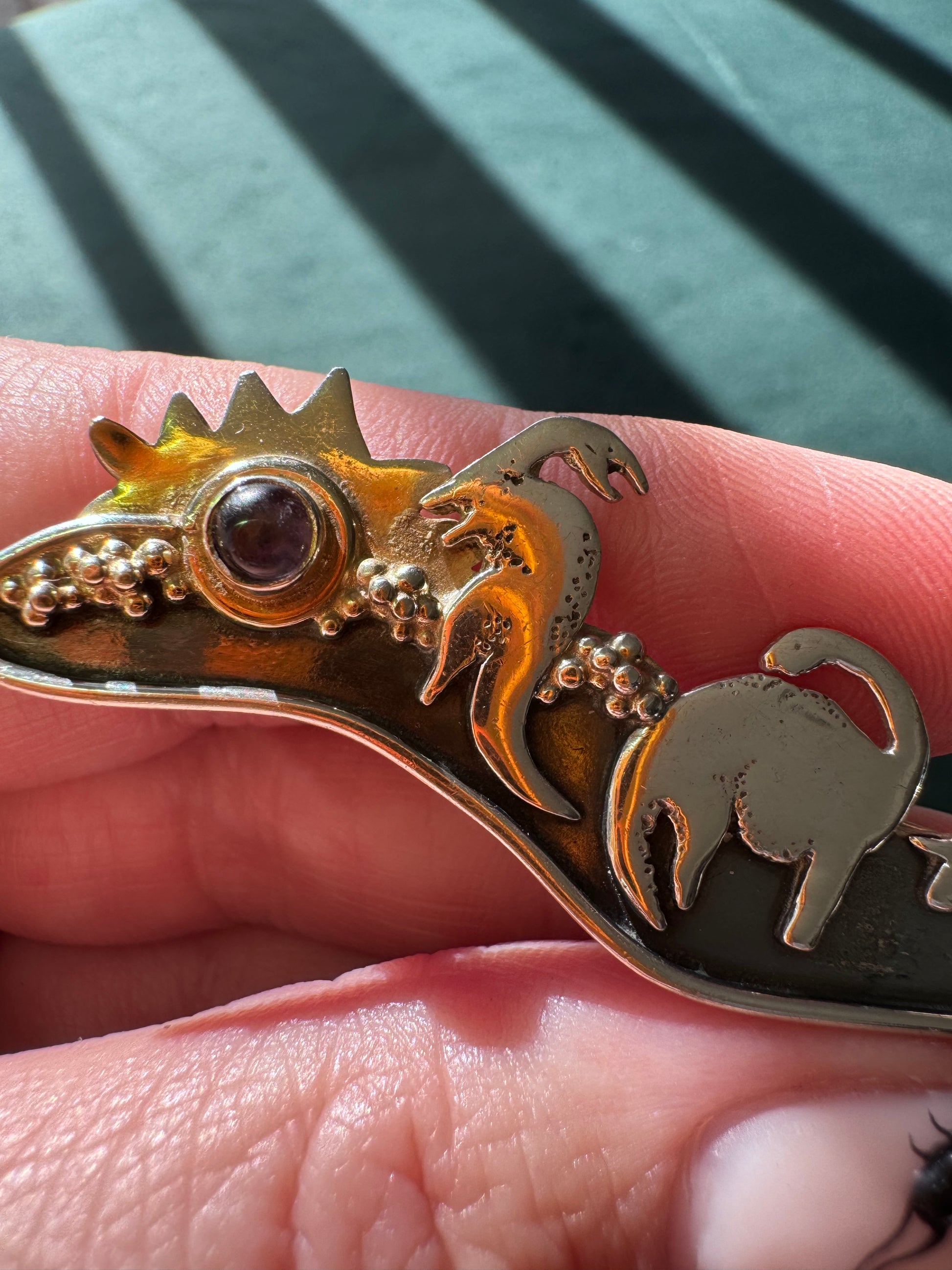 Estate vintage sterling silver dinosaur scene brooch with 14K gold sun and amethyst meteor, handmade artisan mixed metal pin, whimsical extinction event jewelry