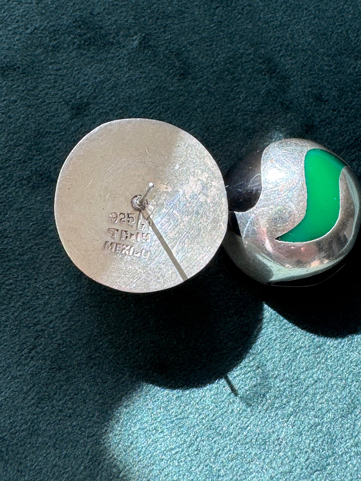 Vintage Taxco Mexico Sterling Silver Green Enamel Domed Ball Earrings Y2K Modernist GMH TC-14