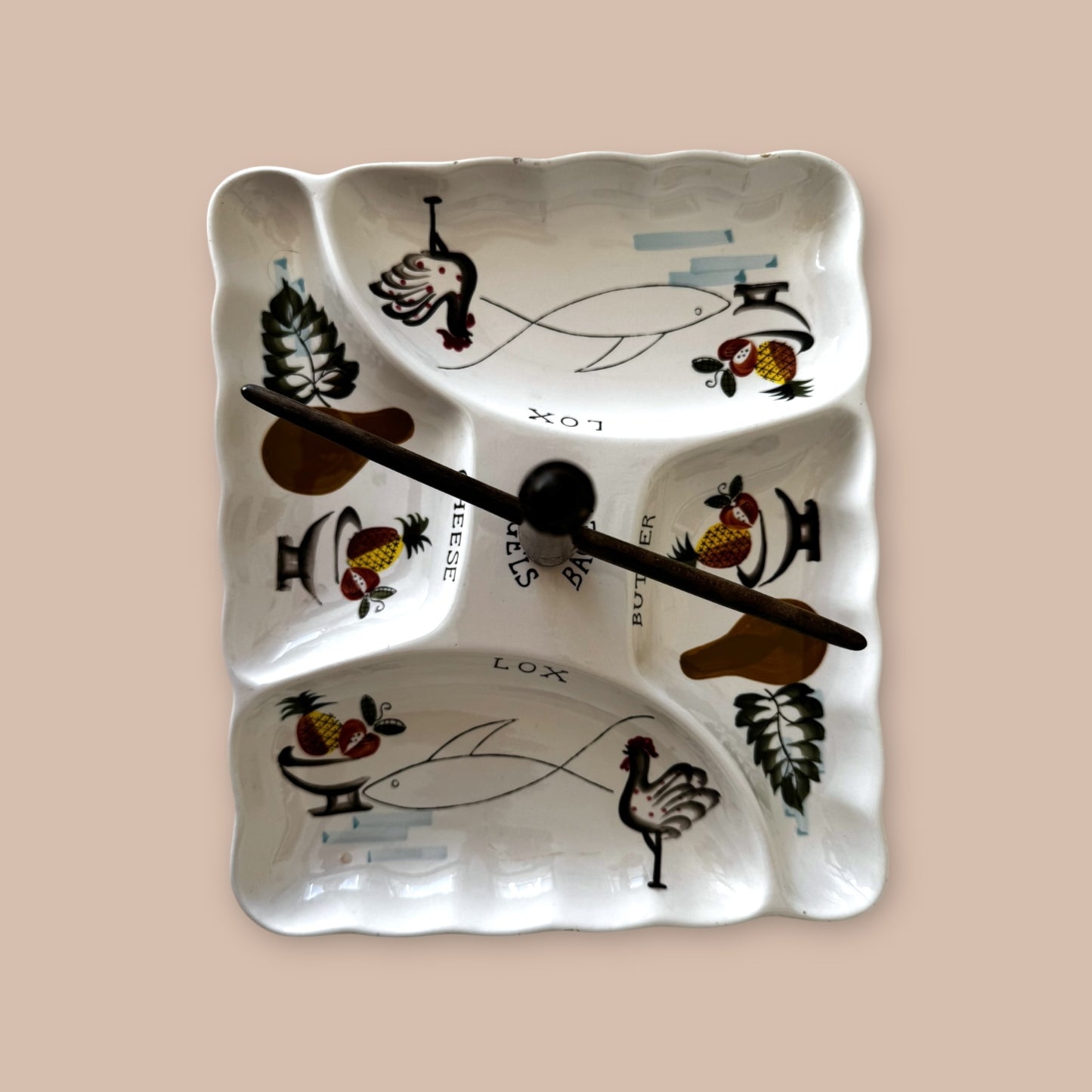 Vintage Ceramic Bagel and Lox Serving Plate with Center Bagel Holder Mid-Century Entertaining