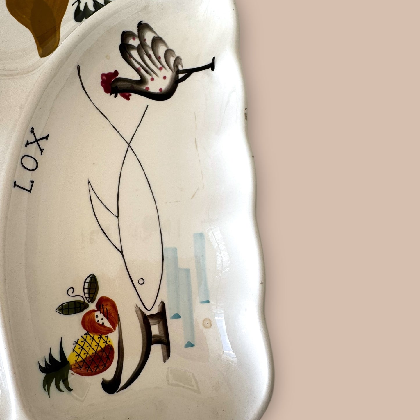 Vintage Ceramic Bagel and Lox Serving Plate with Center Bagel Holder Mid-Century Entertaining