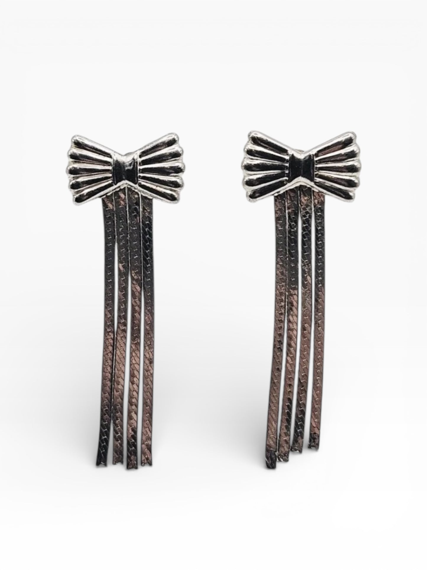 Vintage Sterling Silver Bow Earrings with Fringe Dangles Rockabilly Pin-Up Style