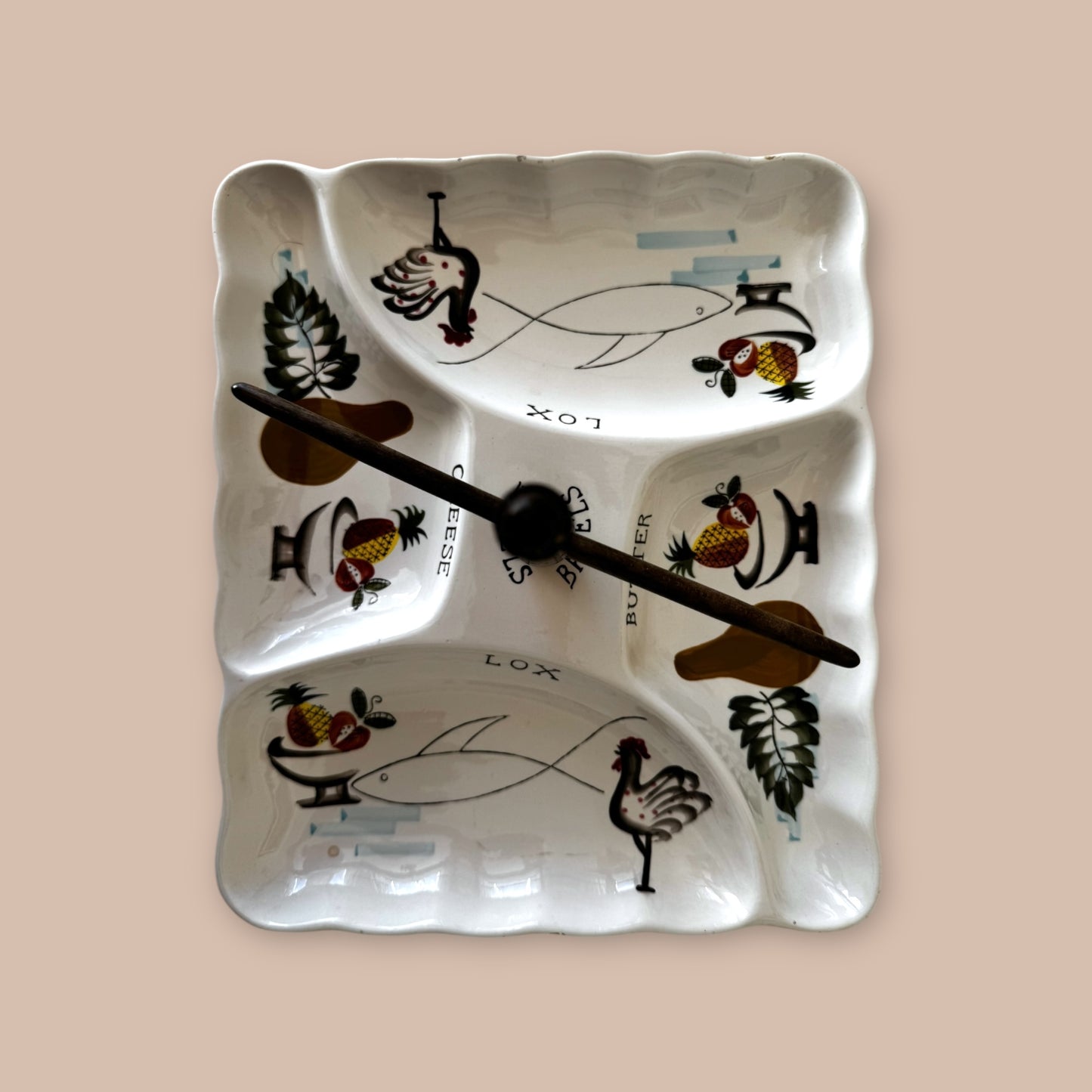 Vintage Ceramic Bagel and Lox Serving Plate with Center Bagel Holder Mid-Century Entertaining