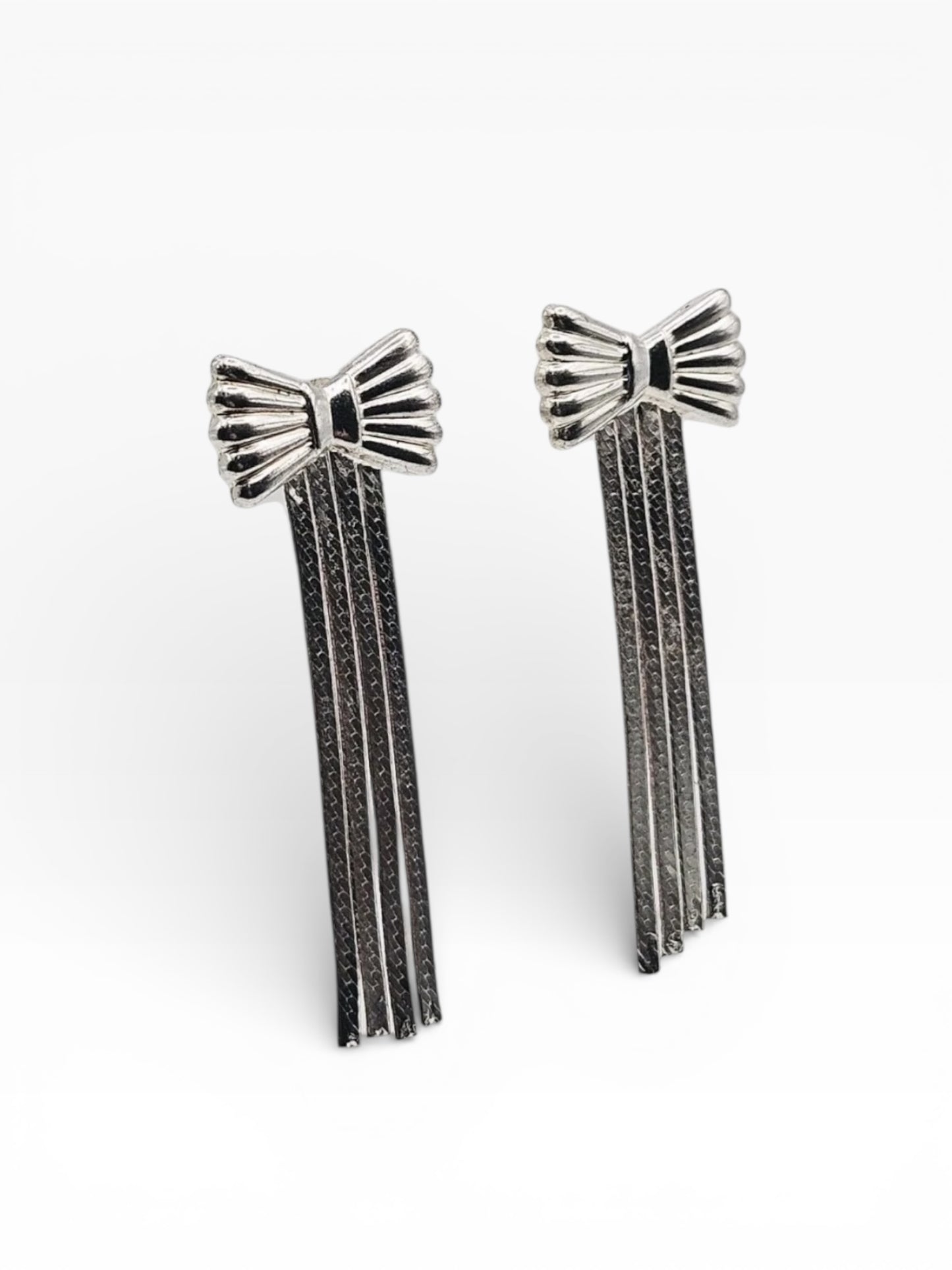 Vintage Sterling Silver Bow Earrings with Fringe Dangles Rockabilly Pin-Up Style