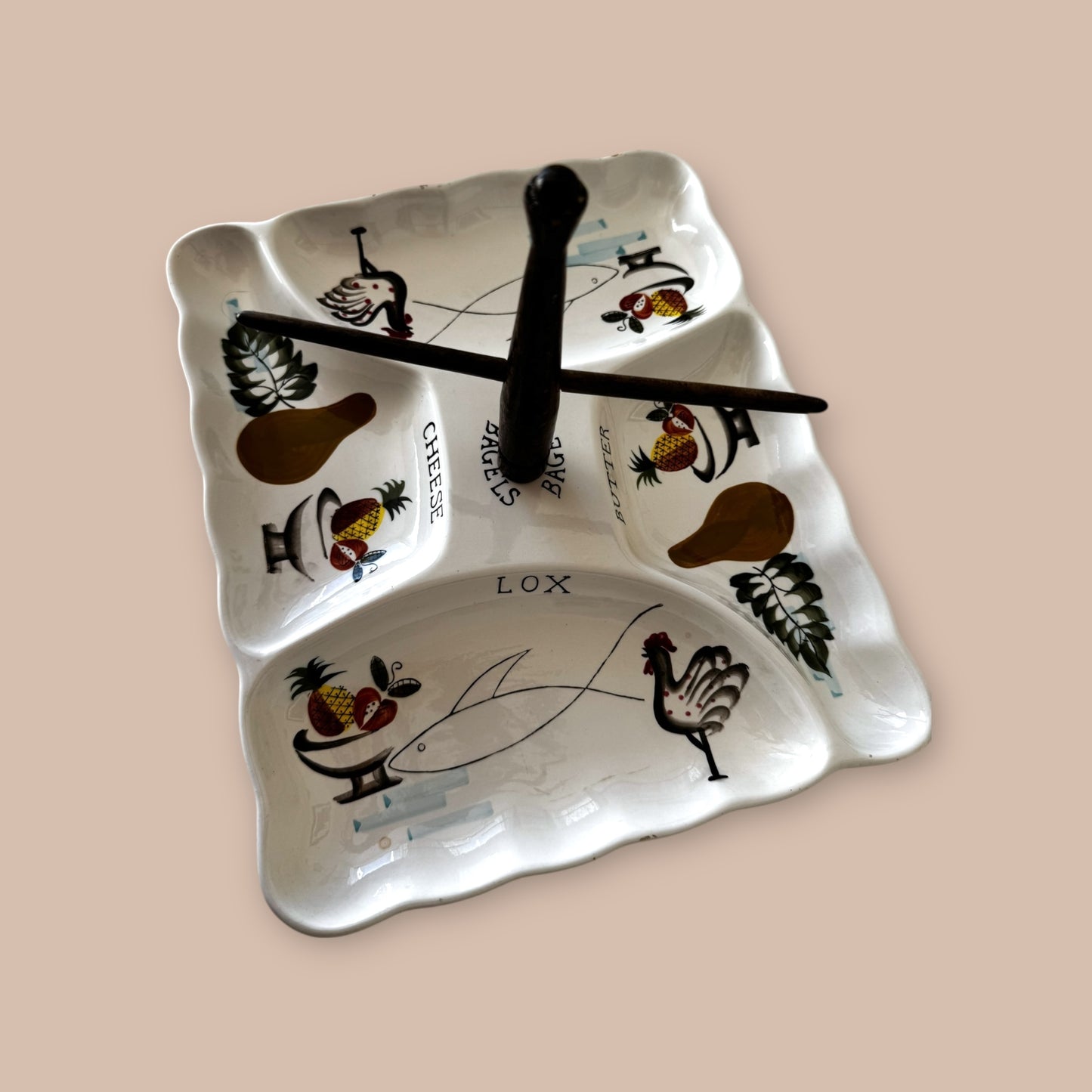 Vintage Ceramic Bagel and Lox Serving Plate with Center Bagel Holder Mid-Century Entertaining