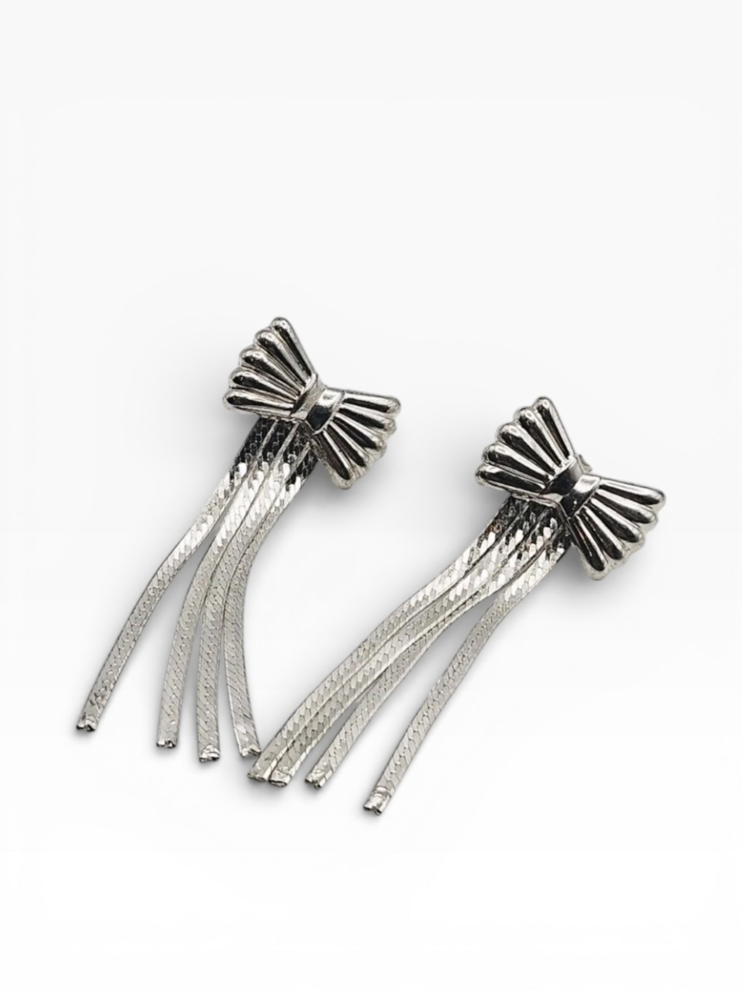 Vintage Sterling Silver Bow Earrings with Fringe Dangles Rockabilly Pin-Up Style