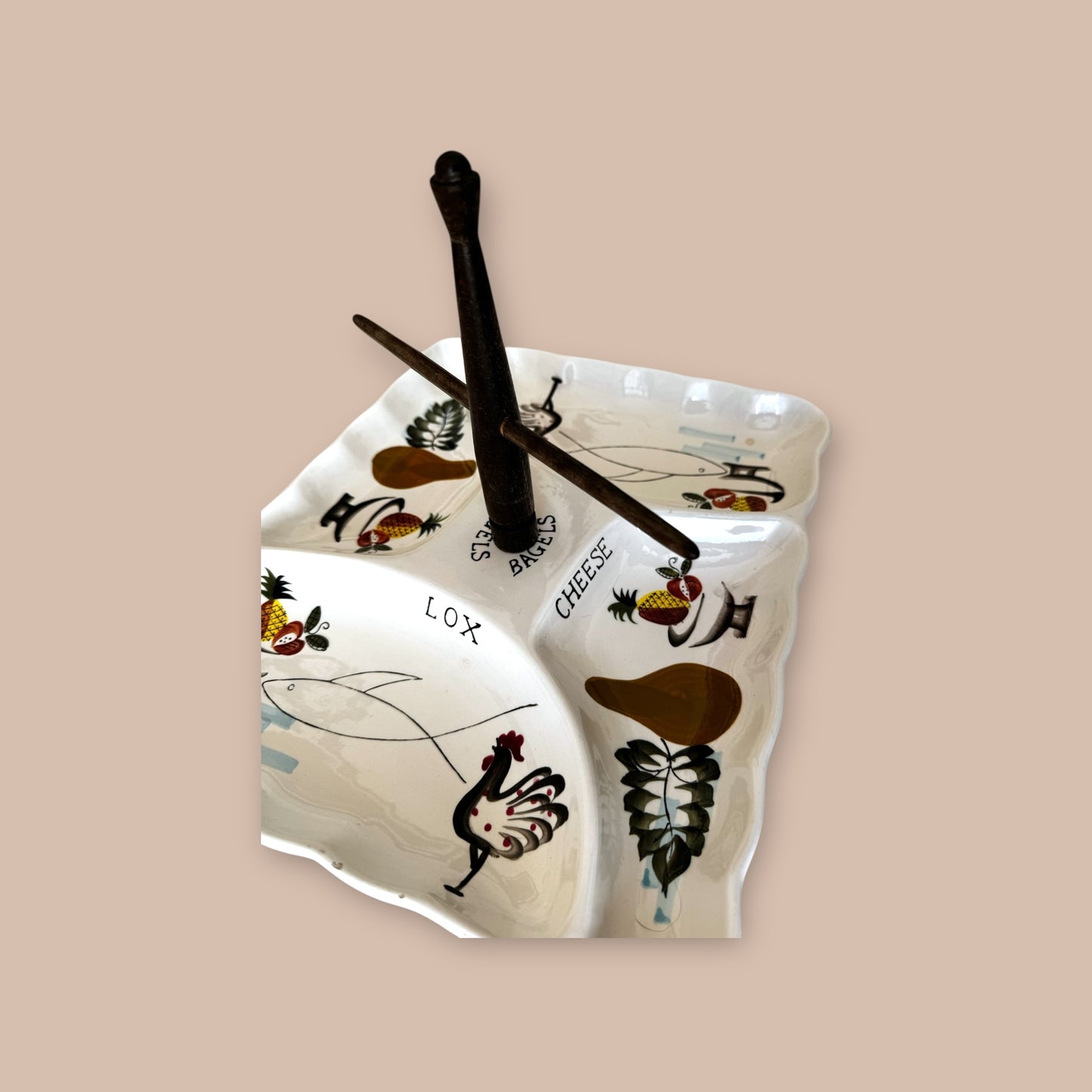 Vintage Ceramic Bagel and Lox Serving Plate with Center Bagel Holder Mid-Century Entertaining