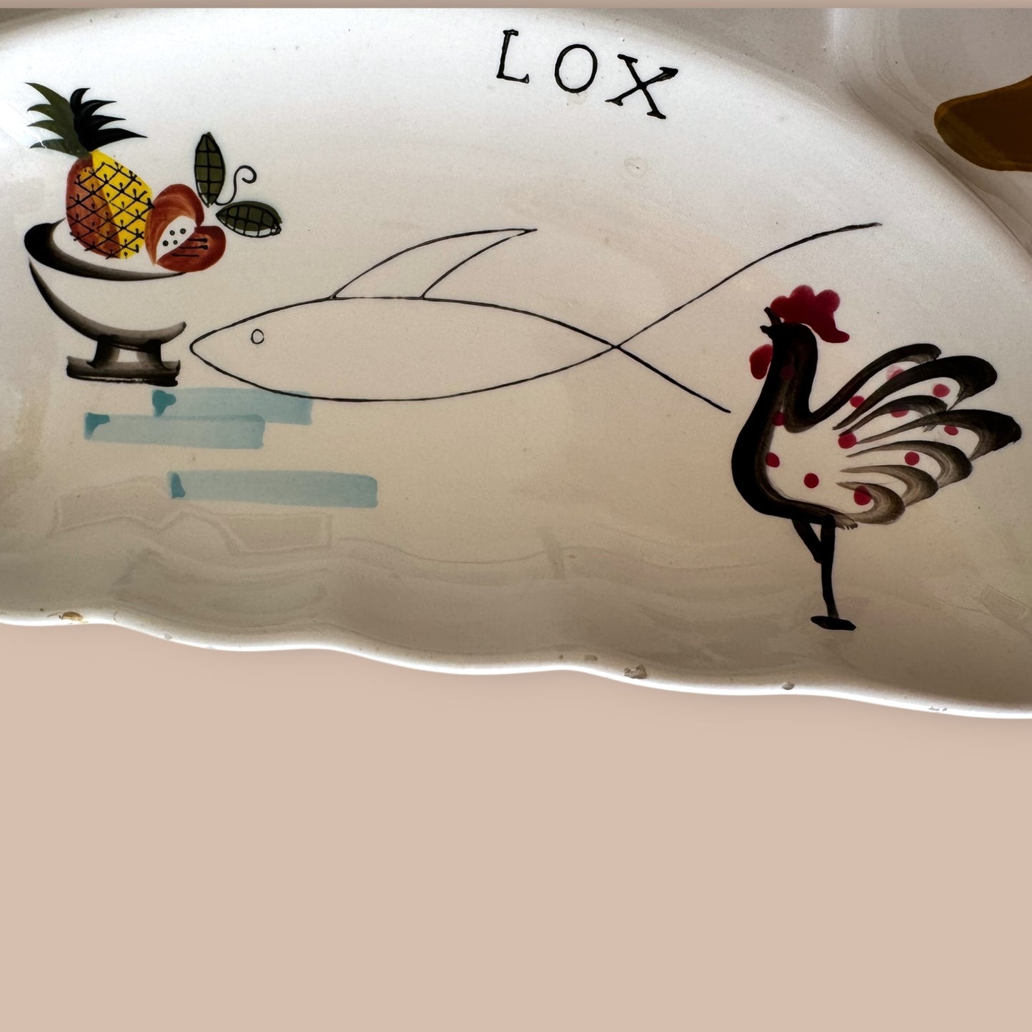 Vintage Ceramic Bagel and Lox Serving Plate with Center Bagel Holder Mid-Century Entertaining