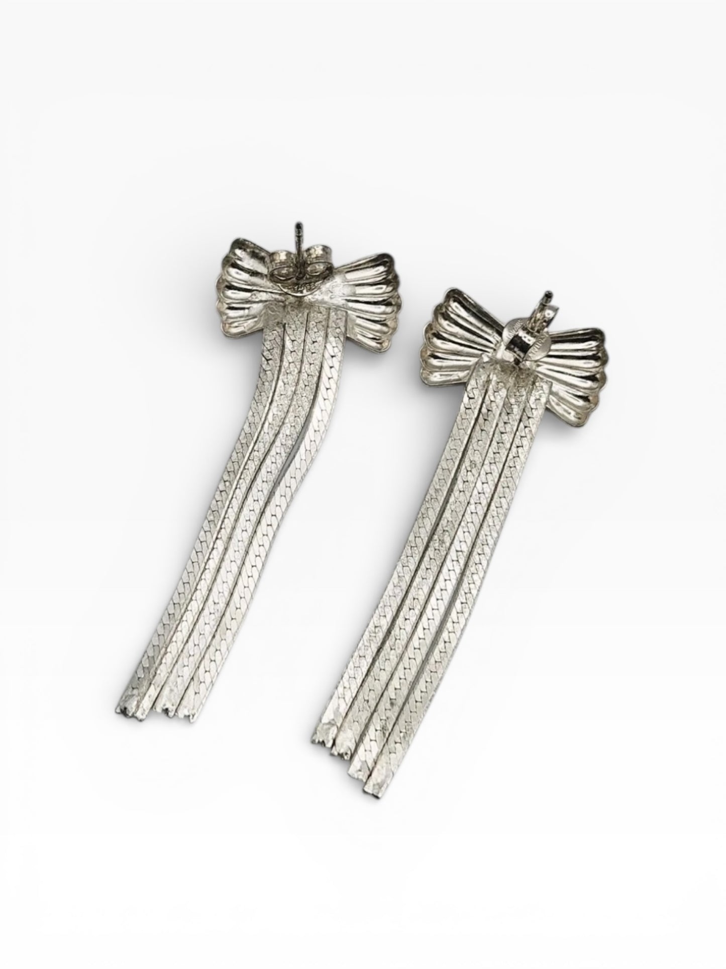 Vintage Sterling Silver Bow Earrings with Fringe Dangles Rockabilly Pin-Up Style