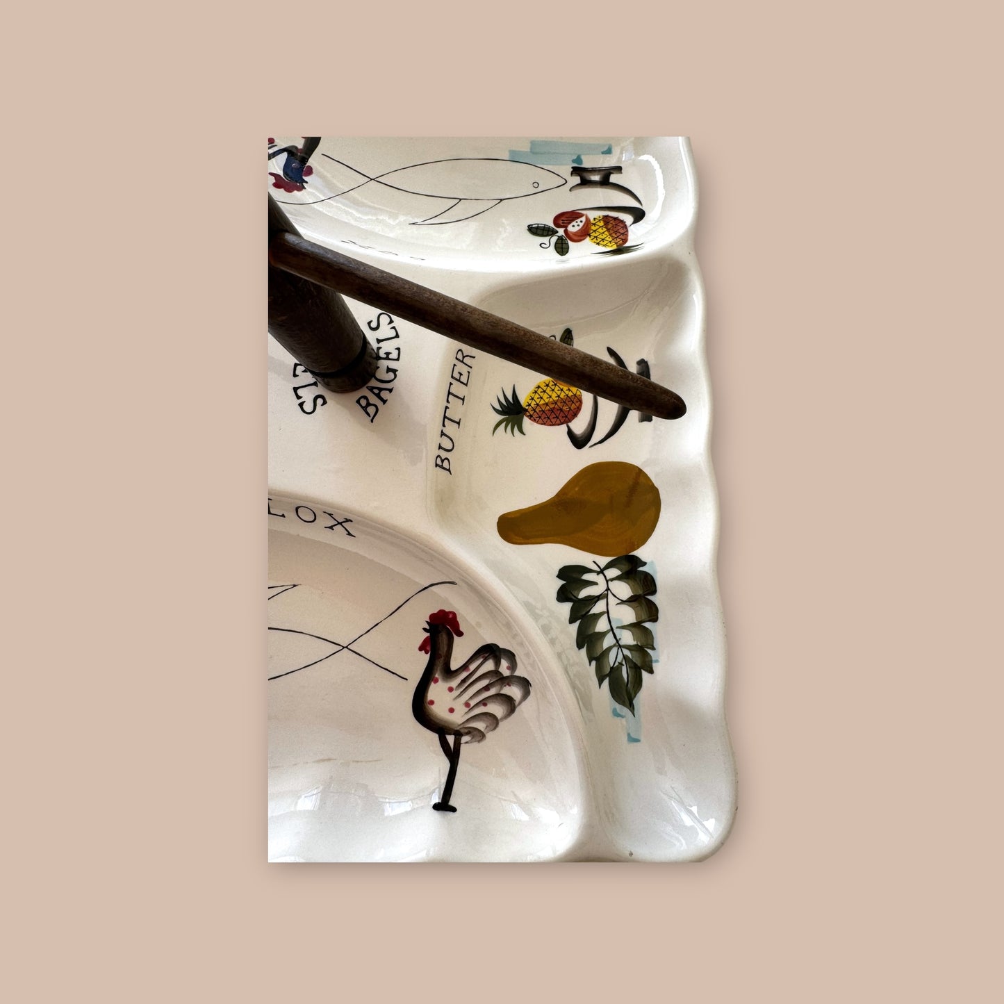 Vintage Ceramic Bagel and Lox Serving Plate with Center Bagel Holder Mid-Century Entertaining