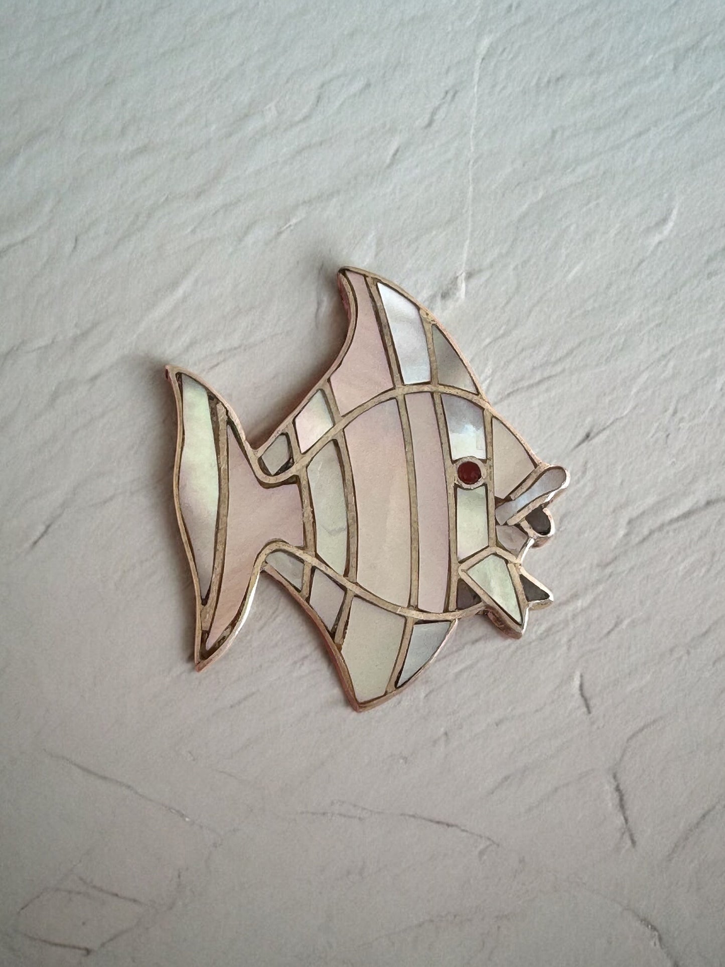 Vintage Sterling Silver Mother of Pearl Fish Brooches Set - Mosaic Inlay Angelfish Pins