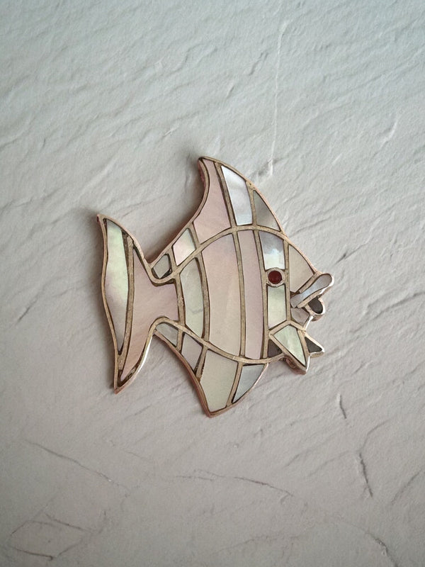 Vintage Sterling Silver Mother of Pearl Fish Brooches Set - Mosaic Inlay Angelfish Pins