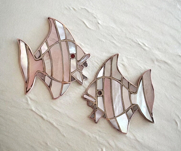 Vintage sterling silver angelfish brooches with mother of pearl mosaic inlay and red accent eyes