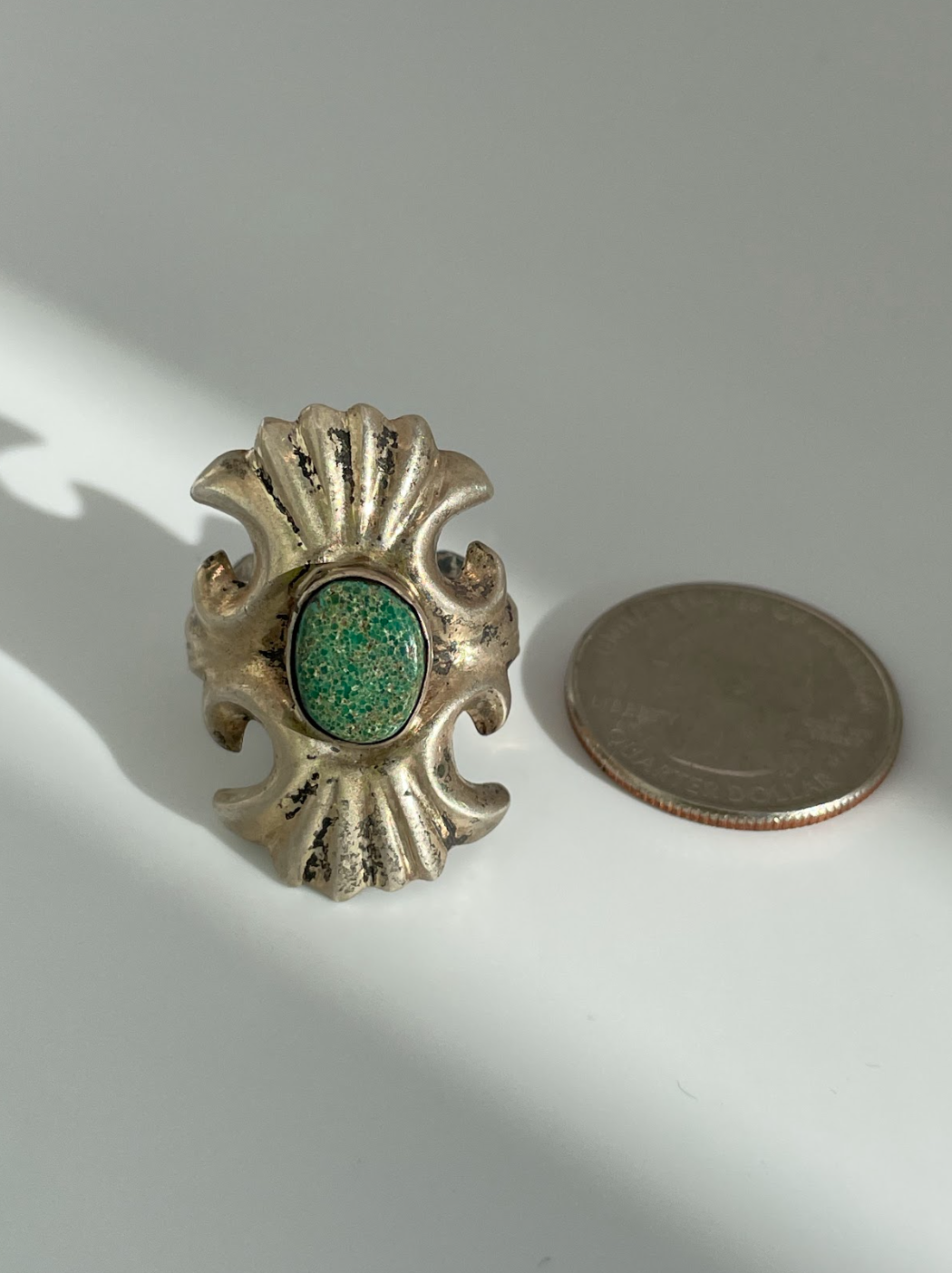 Vintage Sandcast Sterling Silver and Turquoise Native American Ring