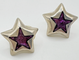 Estate Taxco Mexican sterling silver star earrings with deep purple enamel inlay, showing TD-89 workshop marking and dimensional construction