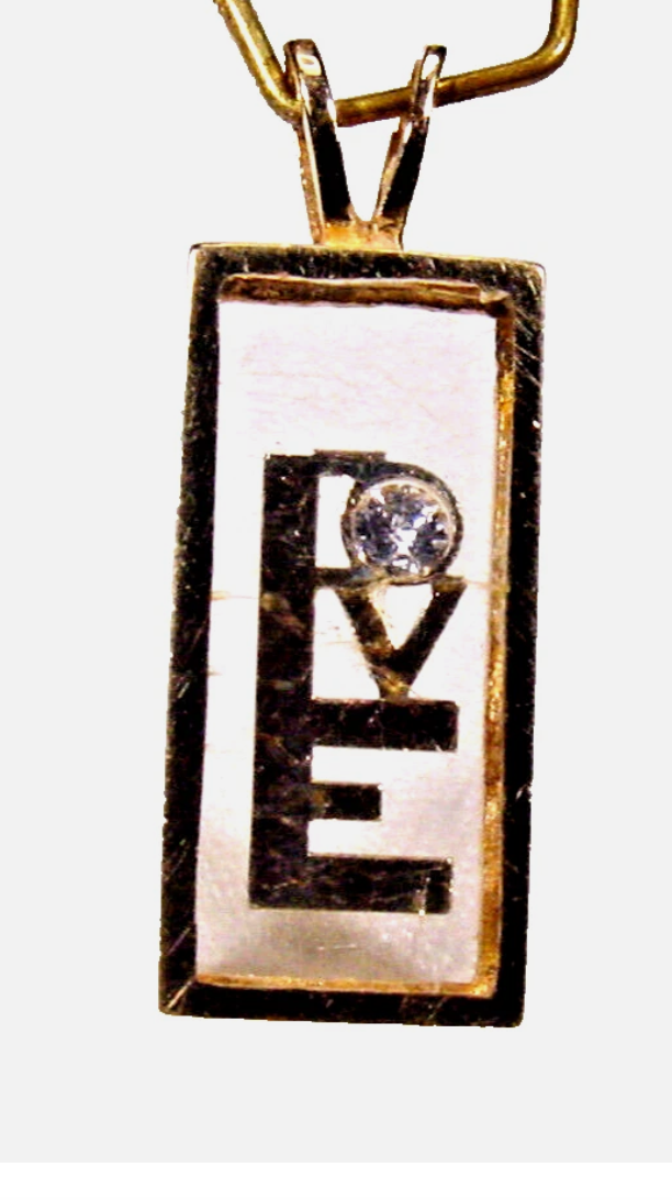 Estate 14K Yellow Gold Floating Diamond LOVE Pendant Shadow Box Lucite 1970s Incogem Style