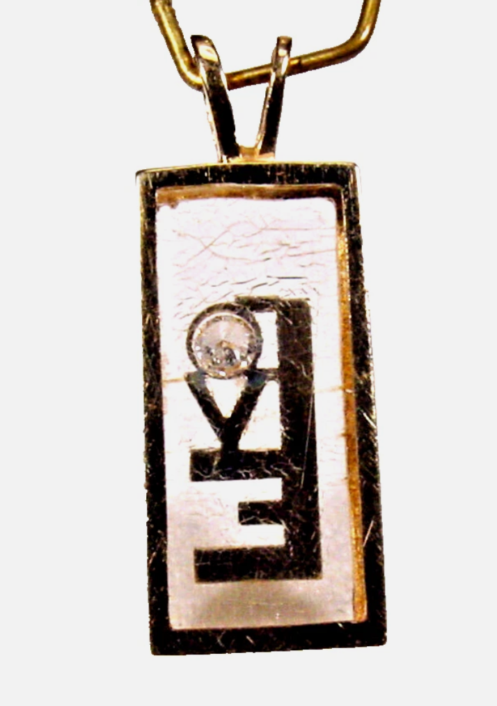 Estate 14K Yellow Gold Floating Diamond LOVE Pendant Shadow Box Lucite 1970s Incogem Style